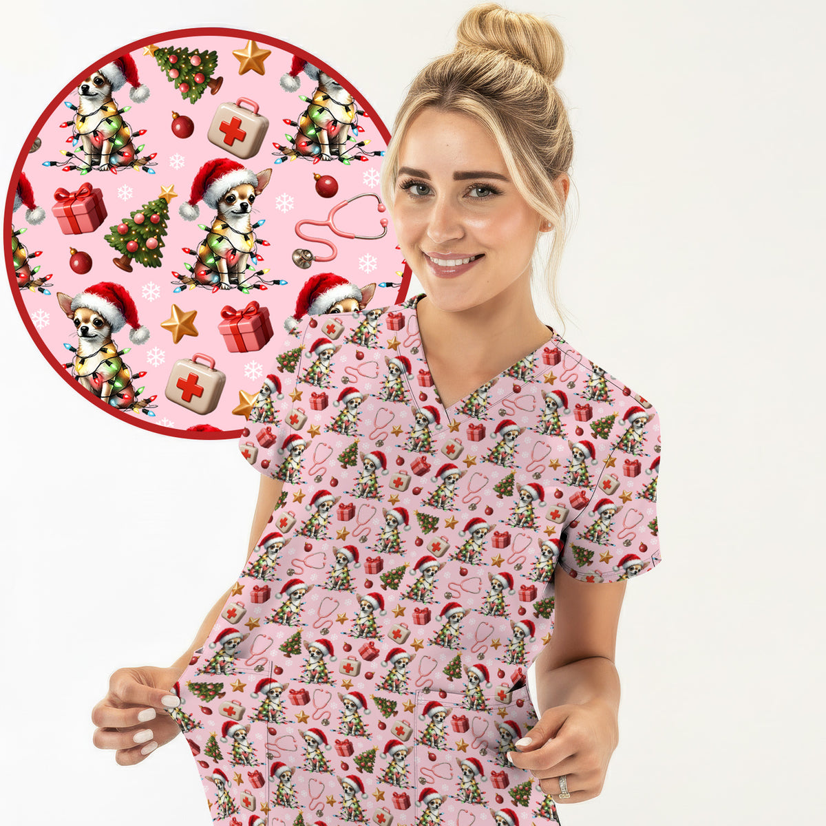 Funny Chihuahua Nurse Scrub Top, Christmas Dog Pattern Medical Shirt, Holiday Scrubs for RN, LPN, CNA, Vet Tech Gift