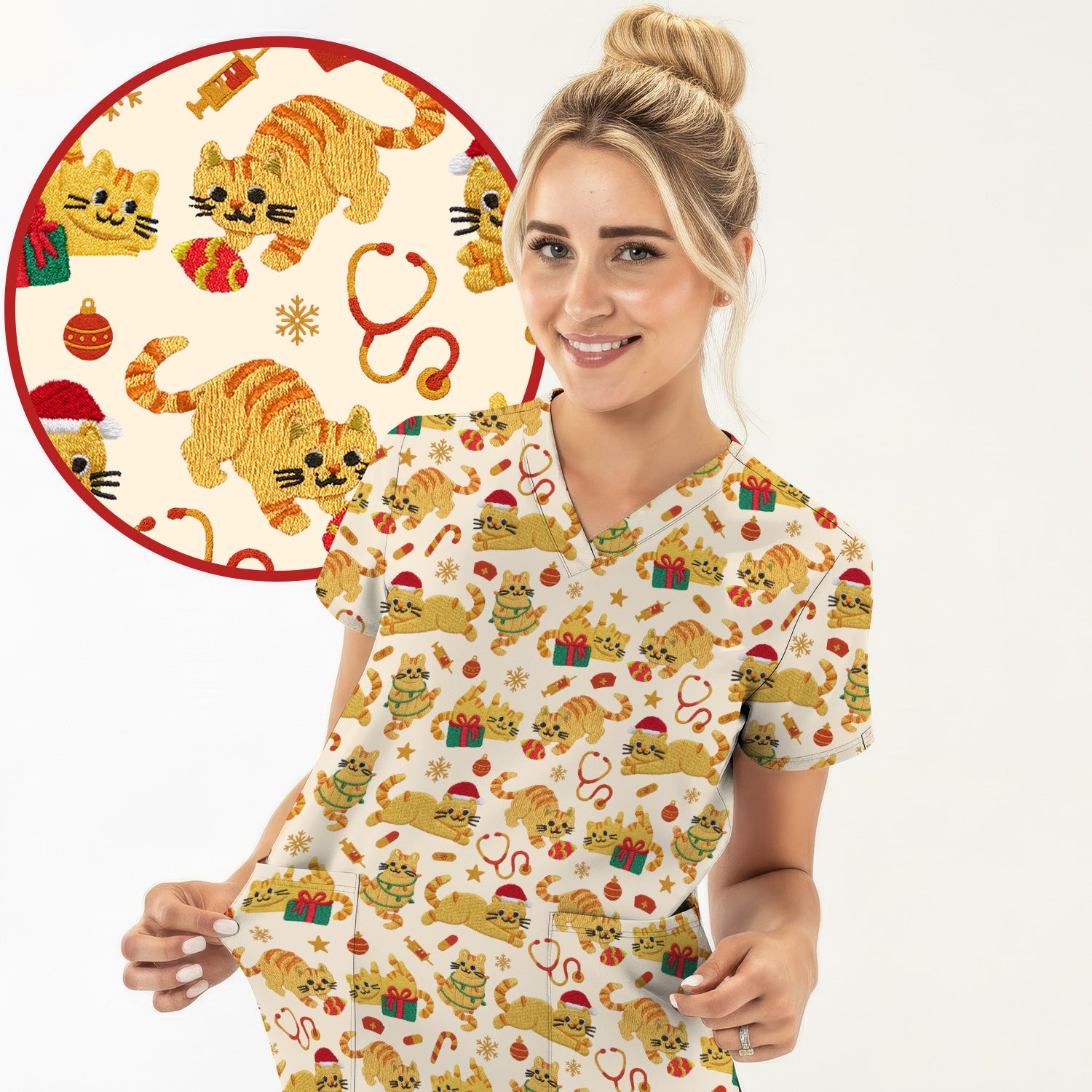 Christmas Cat Nurse Scrub Top, Cute Holiday Kitty Medical Uniform Shirt For Nursing