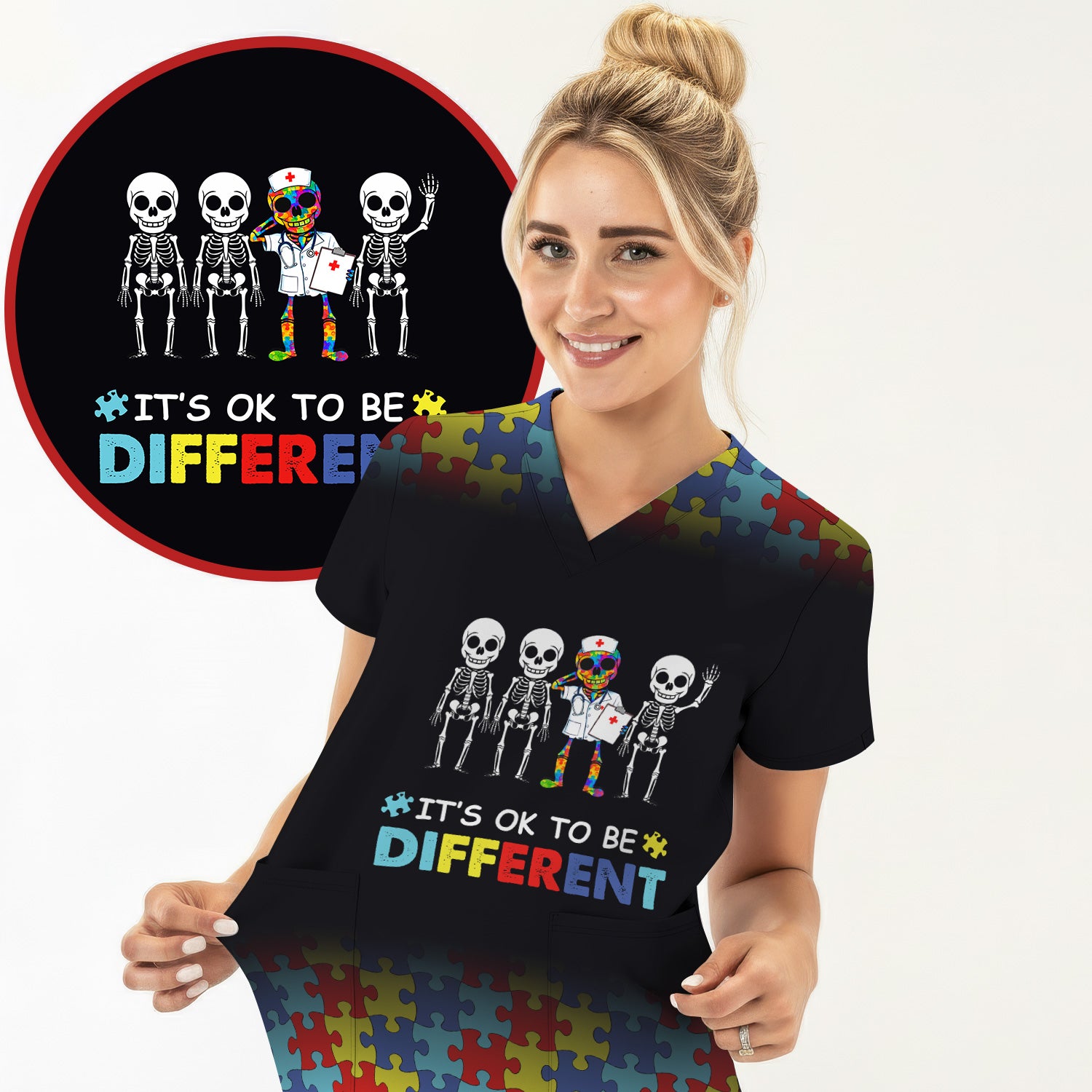 Autism Puzzle Skeleton Nurse It's OK to Be Different Scrub, Women's Scrub Sets