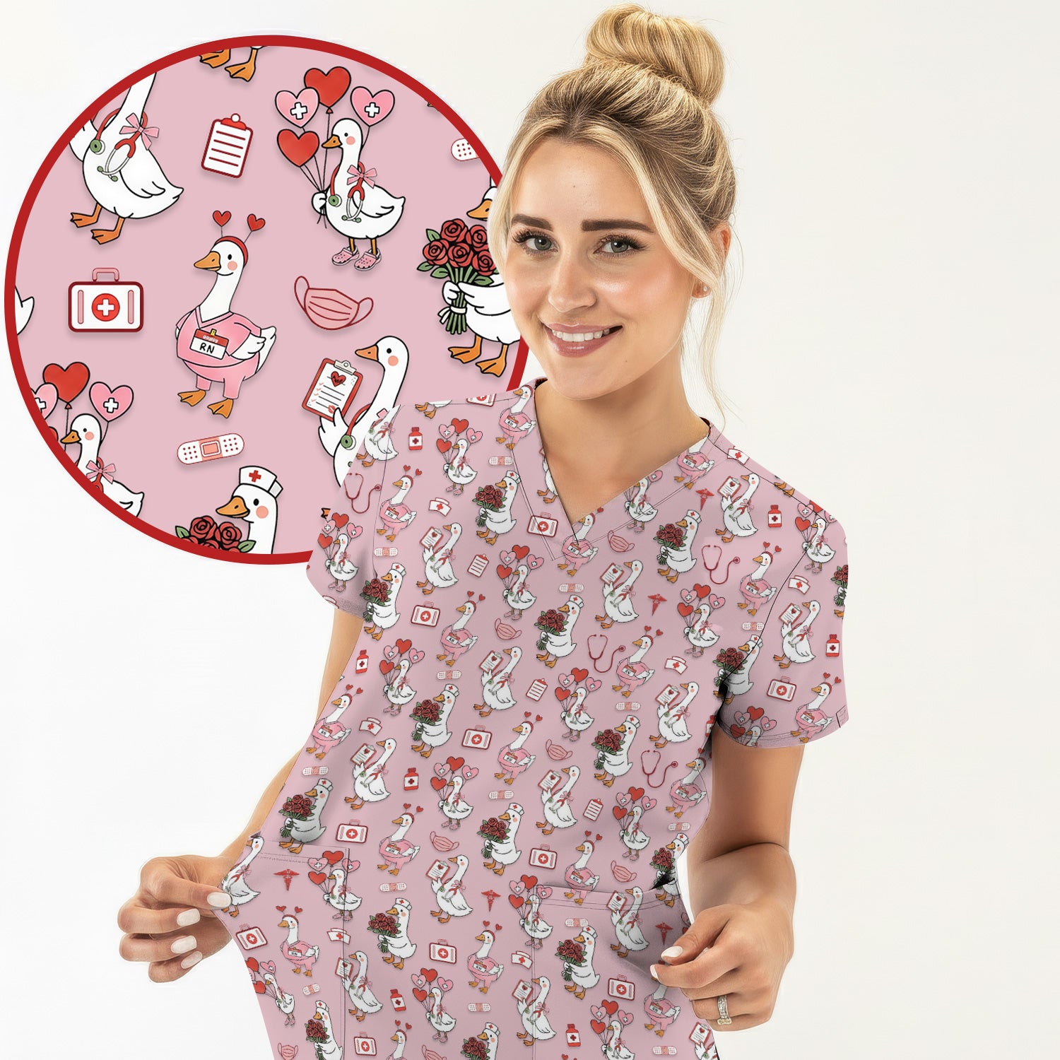 Cute Goose Nurse Medical Pattern Scrub Set, Women's Scrub Sets
