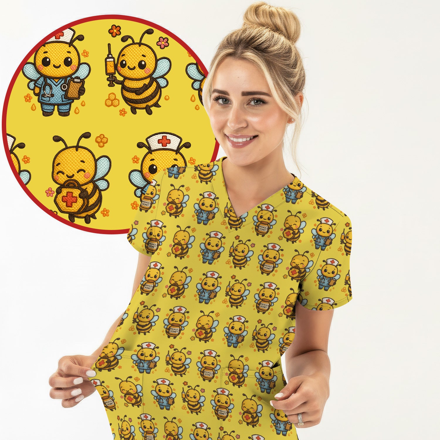Cute Nurse Bee Scrub Top, Kawaii Medical Honey Bee Pattern Shirt for Nursing Professionals