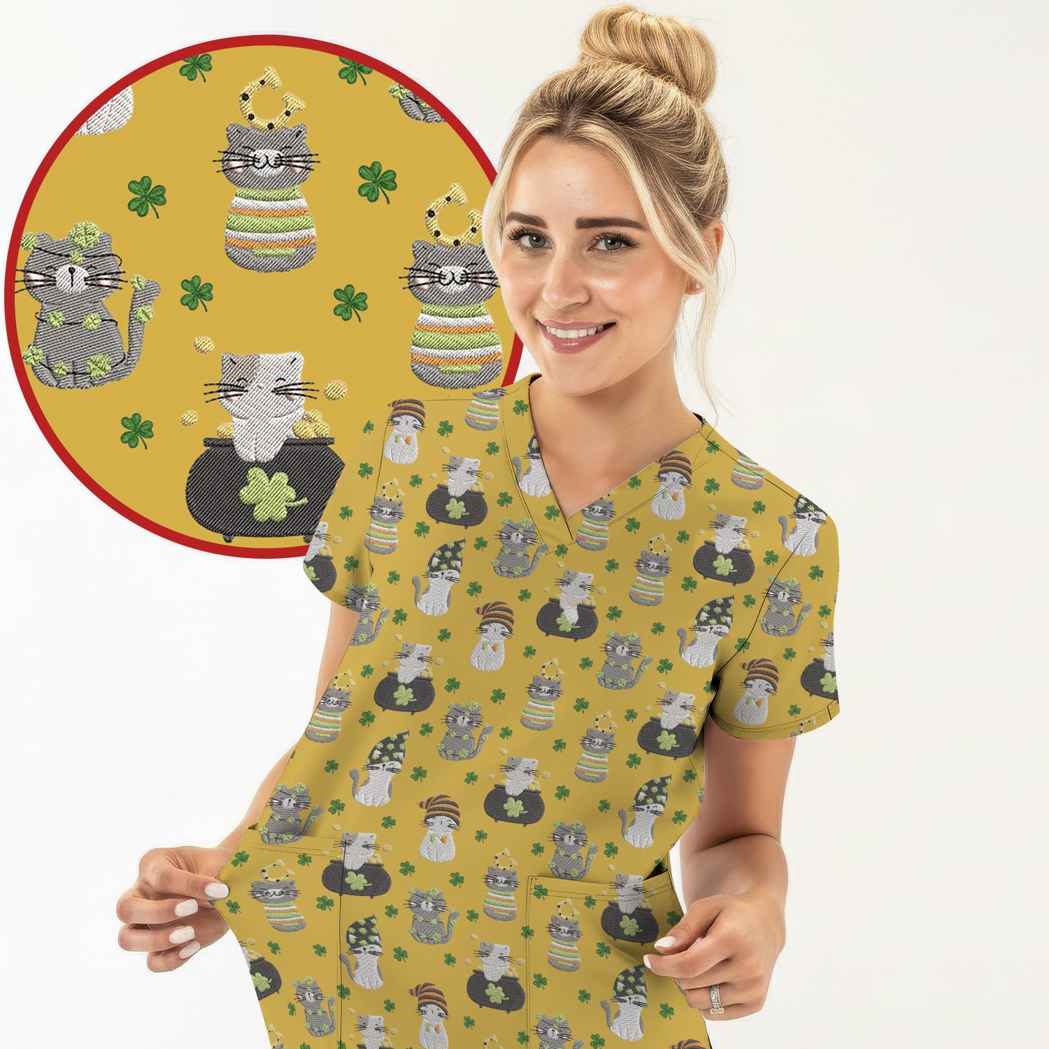 St. Patrick’s Day Scrub Top, Lucky Cat With Shamrock Pattern Shirt, Breathable Fabrics Nursing Uniform