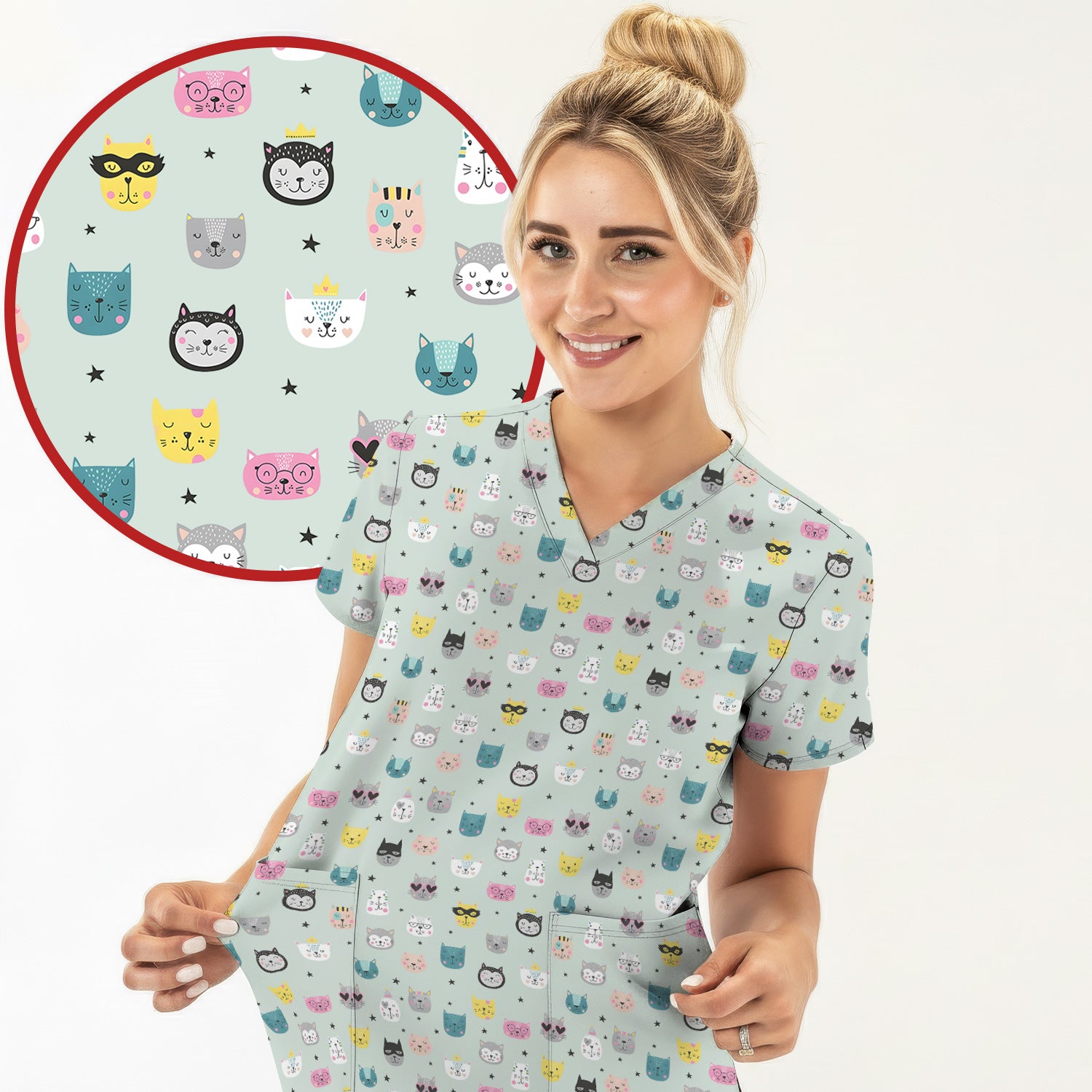 Cute Colorful Cat Pattern Scrub Top, Comfortable Scrubs for Nurses