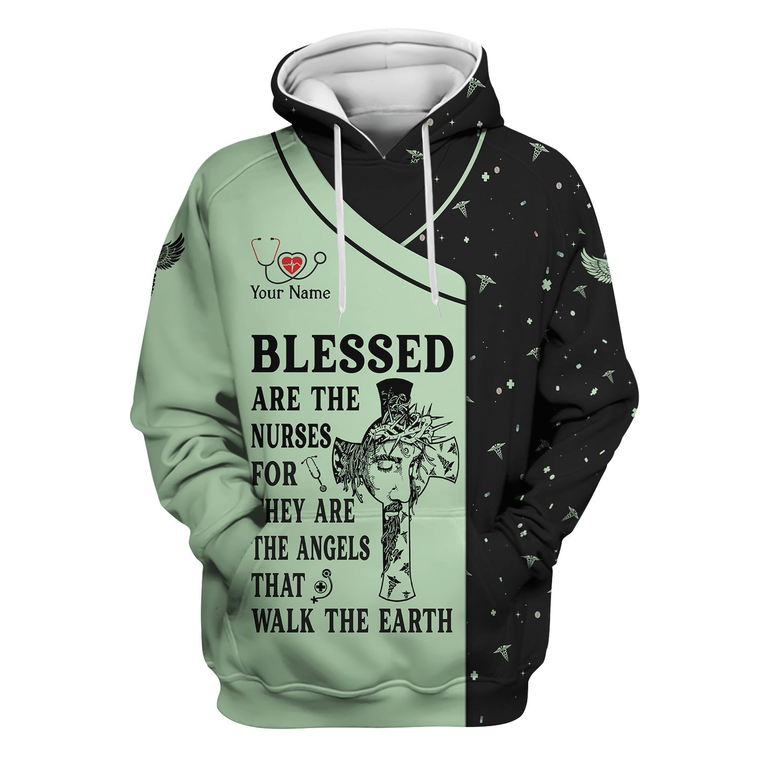 Personalized Christian Nurse Scrub Top - Jesus Cross & Angels That Walk The Earth Quote - Gift for Women RN LPN