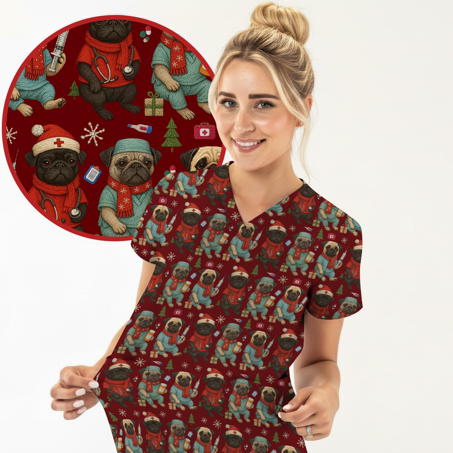 Christmas Pug Nurse Scrub Top, Cute Holiday Dog Medical Uniform Shirt For Nursing