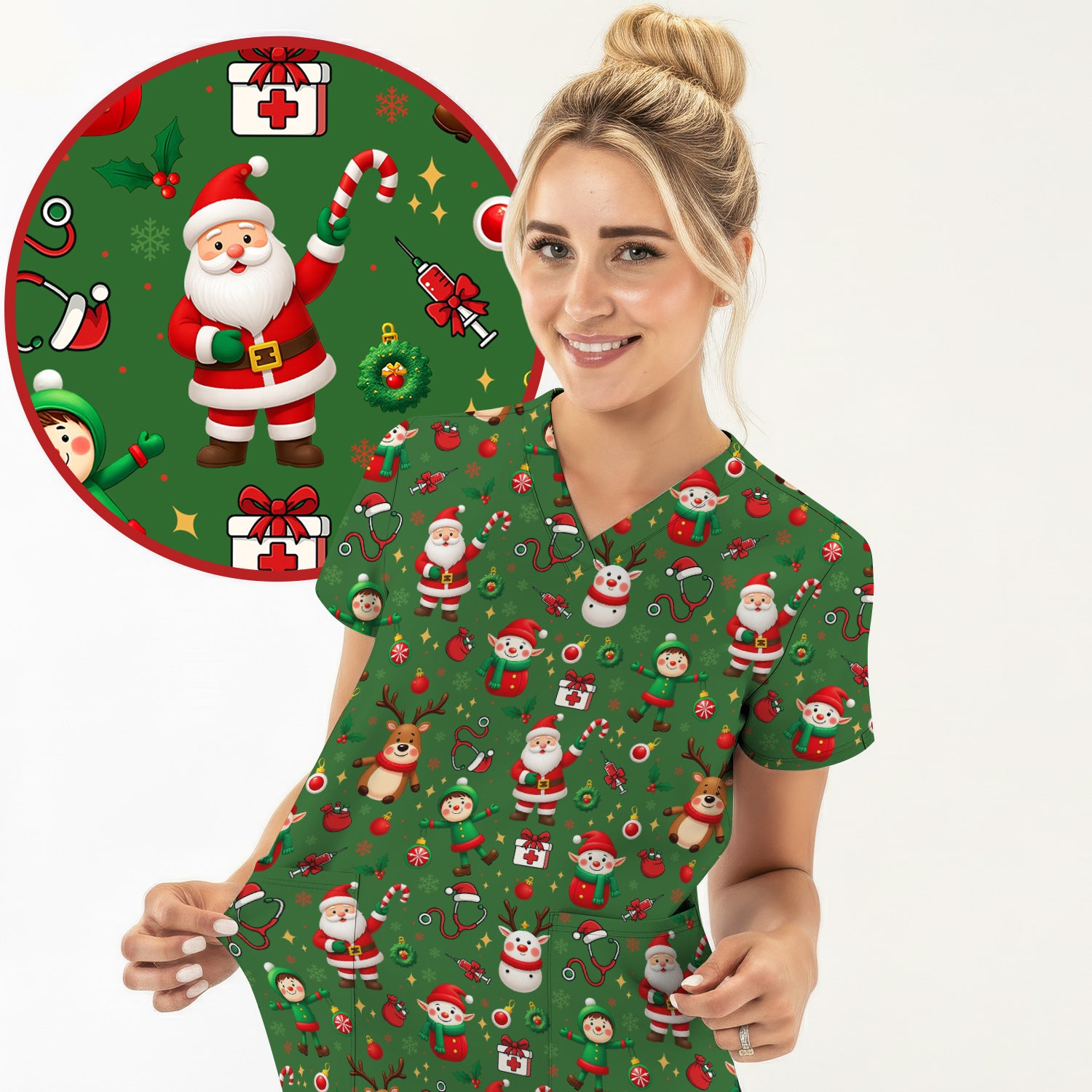 Santa Christmas Scrub Top - Cute Holiday Nurse Medical Shirt - Festive Reindeer Med Uniform for Women RN CNA LPN