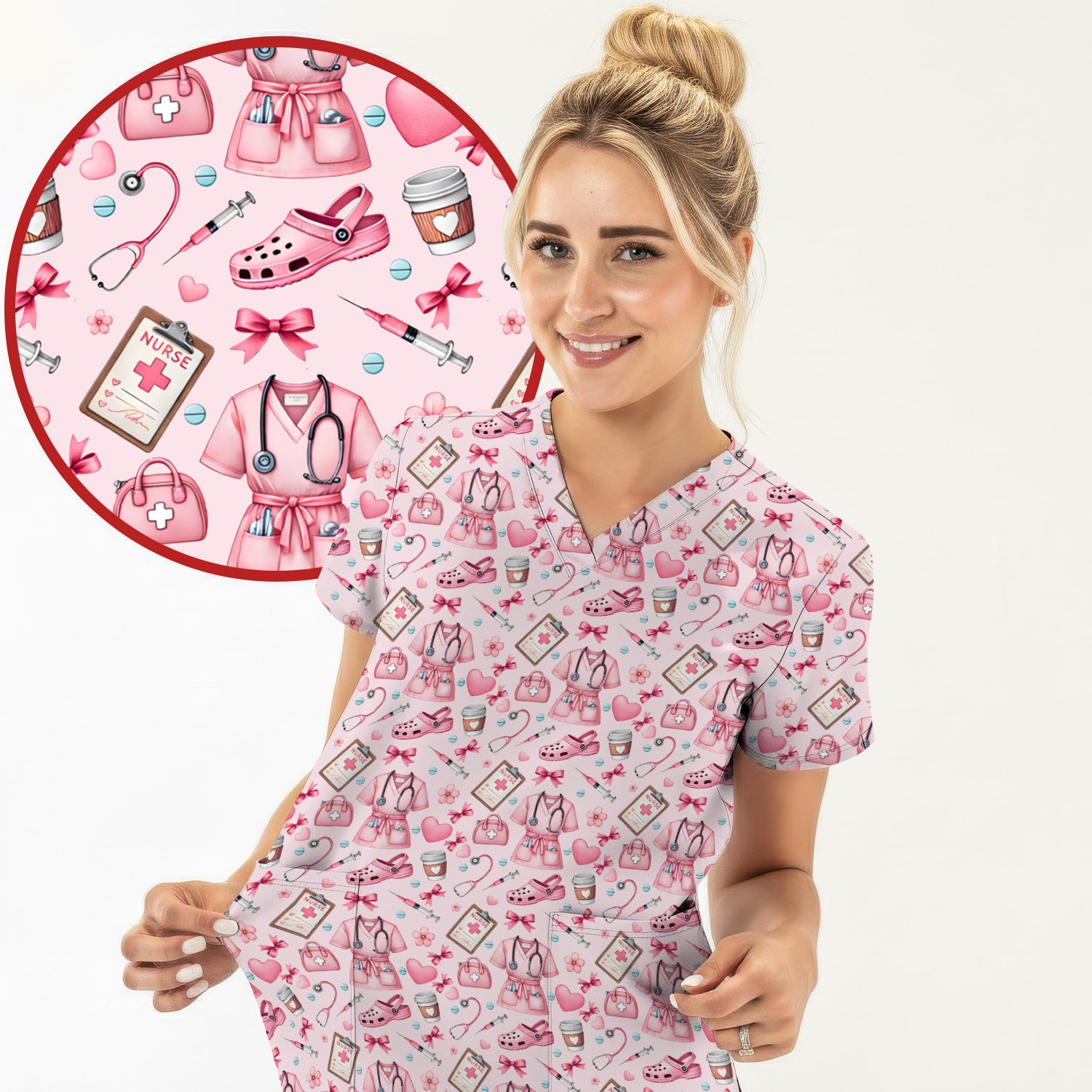 Valentine Pink Nurse Icons Print Scrub Top, Comfortable Scrubs for Nurses