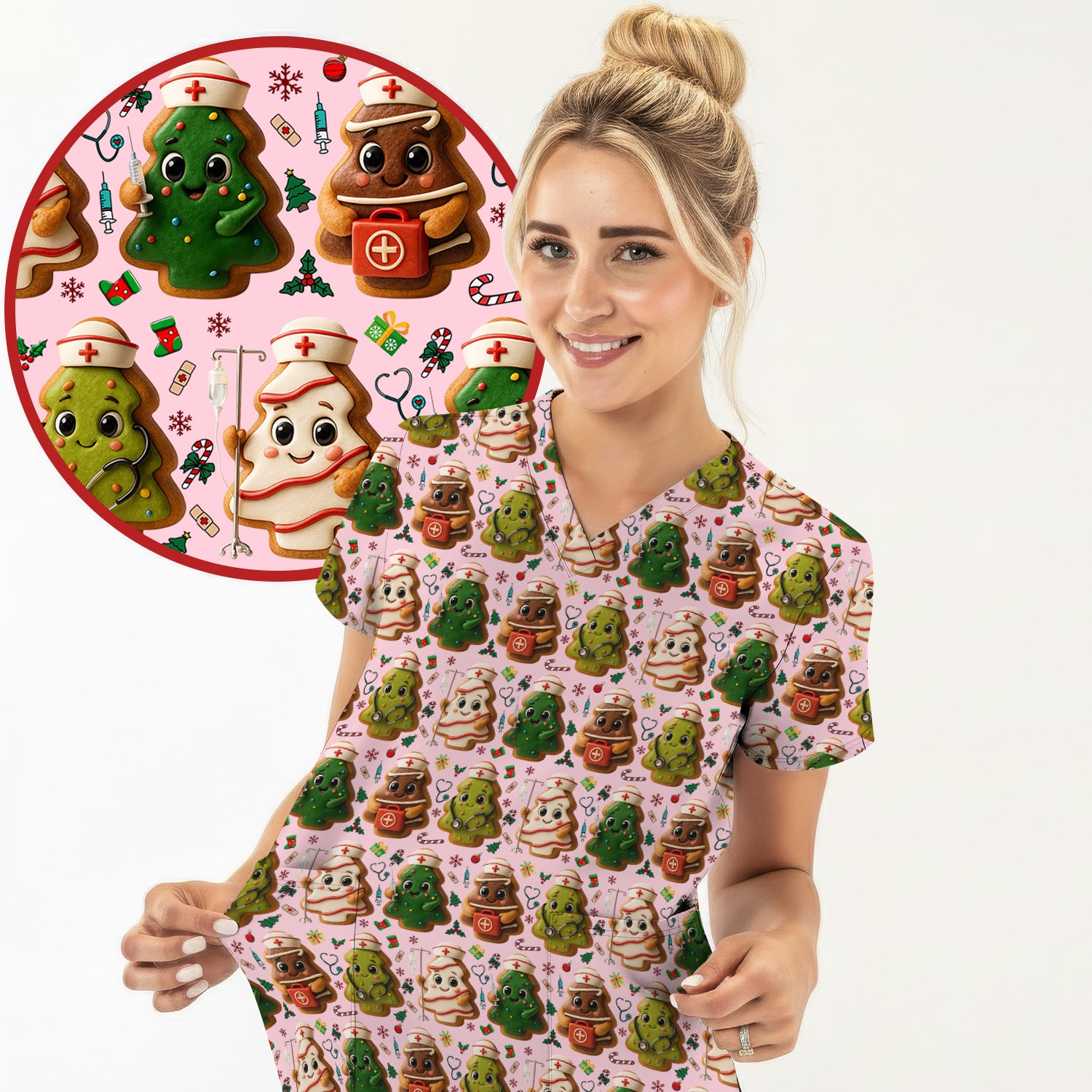 Christmas Cookie Scrub Top – Festive Nurse & Holiday Tree Pattern – Cute Medical Uniform for Nurses, Vets and Healthcare Workers