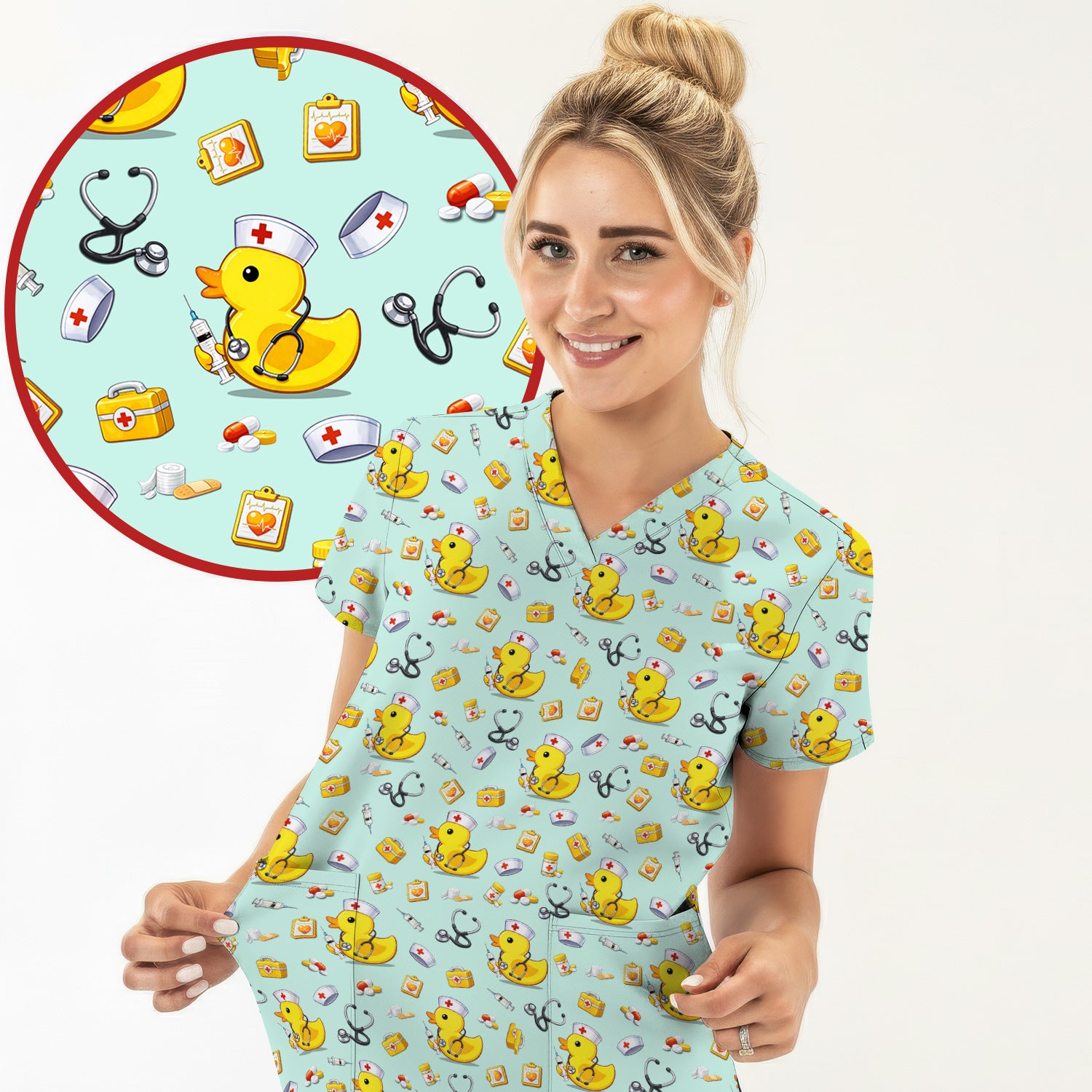 Playful Medical Duck Print Nurse Scrub Top, Comfortable Scrubs for Nurses