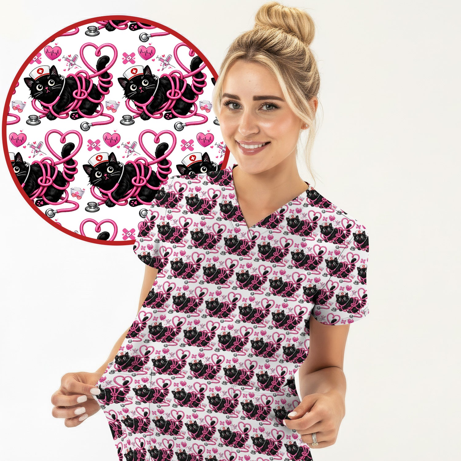 Valentine Cute Cat Nurse Heart Print Scrub Top, Comfortable Scrubs for Nurses