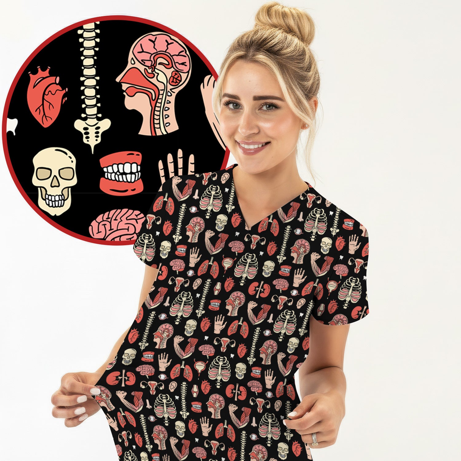 Human Anatomy Body Parts Pattern Scrubs Top, Comfortable Scrubs for Nurses