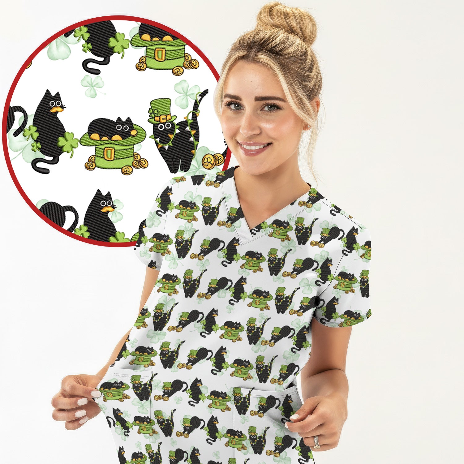 St. Patrick Black Cat Clover Print Nurse Scrub Top, Comfortable Scrubs for Nurses