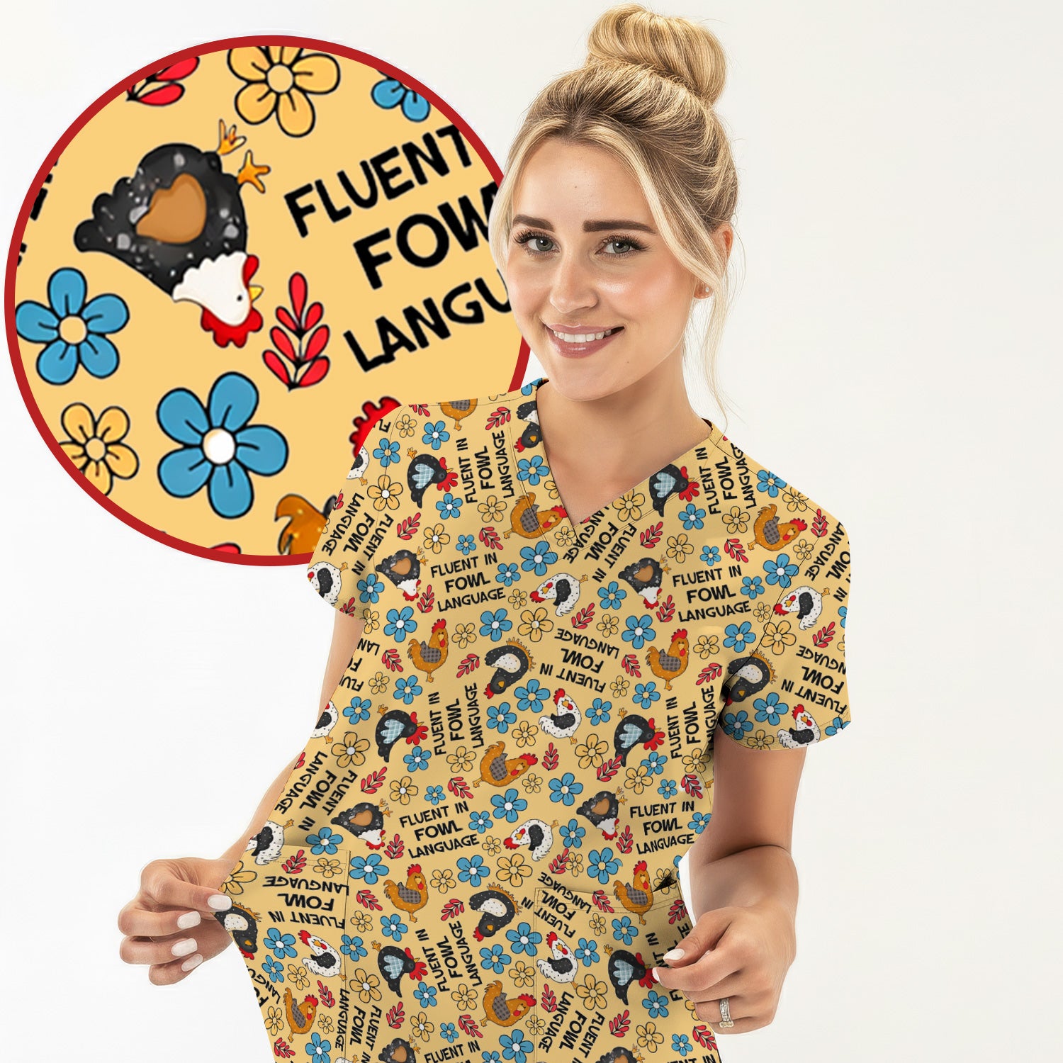 Funny Chicken Fluent in Fowl Language Pattern Scrub Top, Comfortable Scrubs for Nurses
