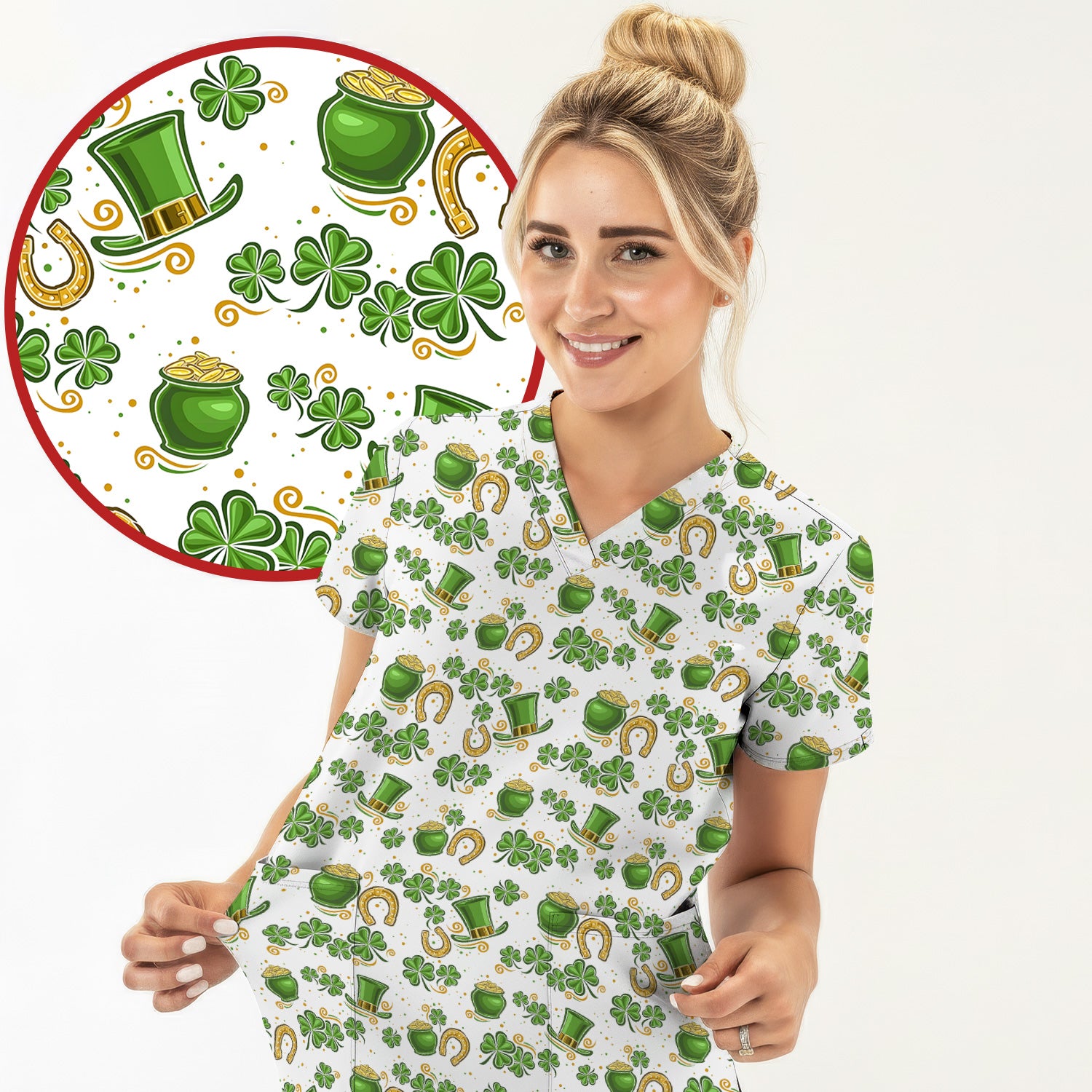 St. Patrick Shamrock Pattern Scrub Top, Comfortable Scrubs for Nurses