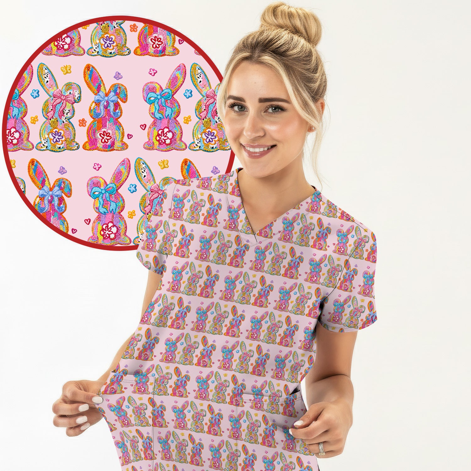 Cute Pastel Bunny Floral Pattern Scrub Top, Comfortable Scrubs for Nurses, Easter