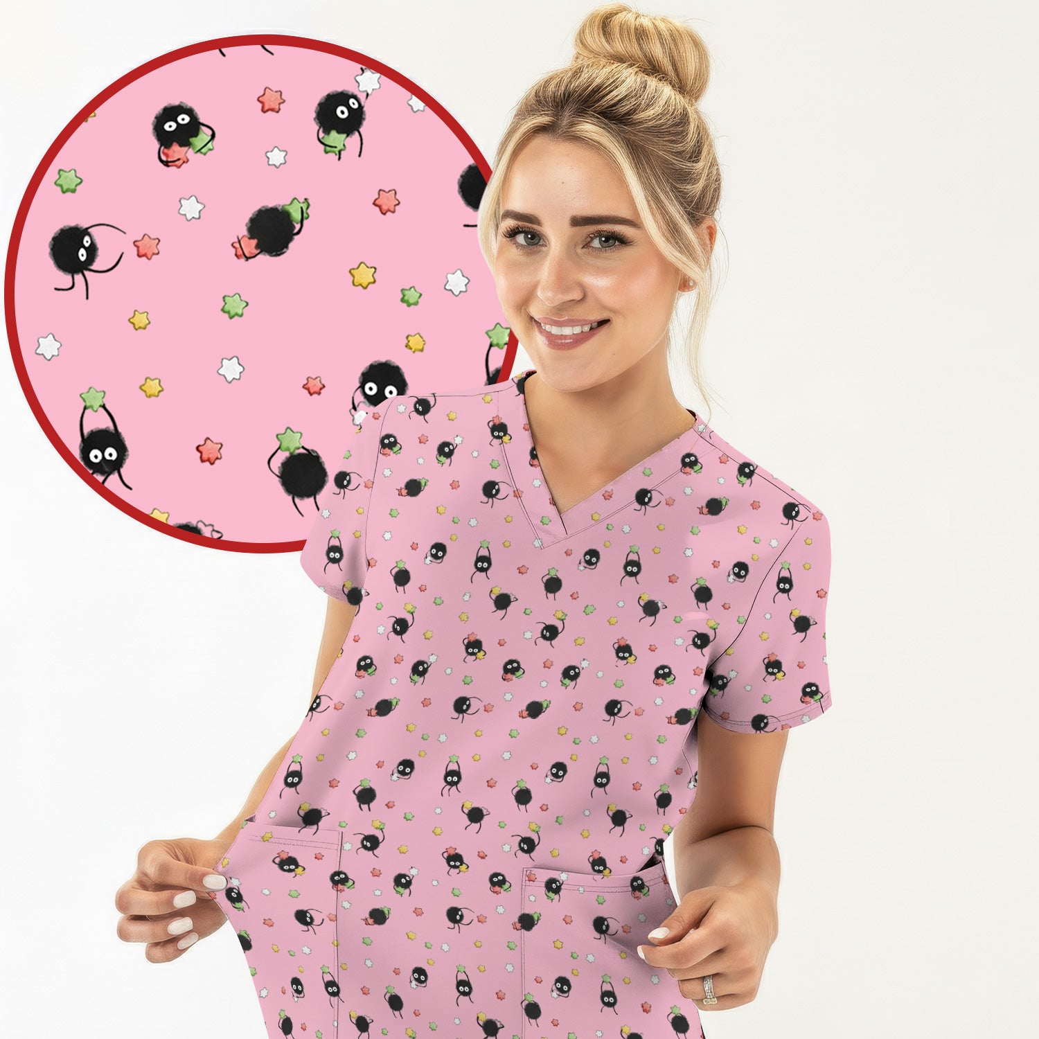 Funny Spider Pattern Pattern Pattern Scrub Top, Cartoon Spider Pattern Nursing Uniform For Women