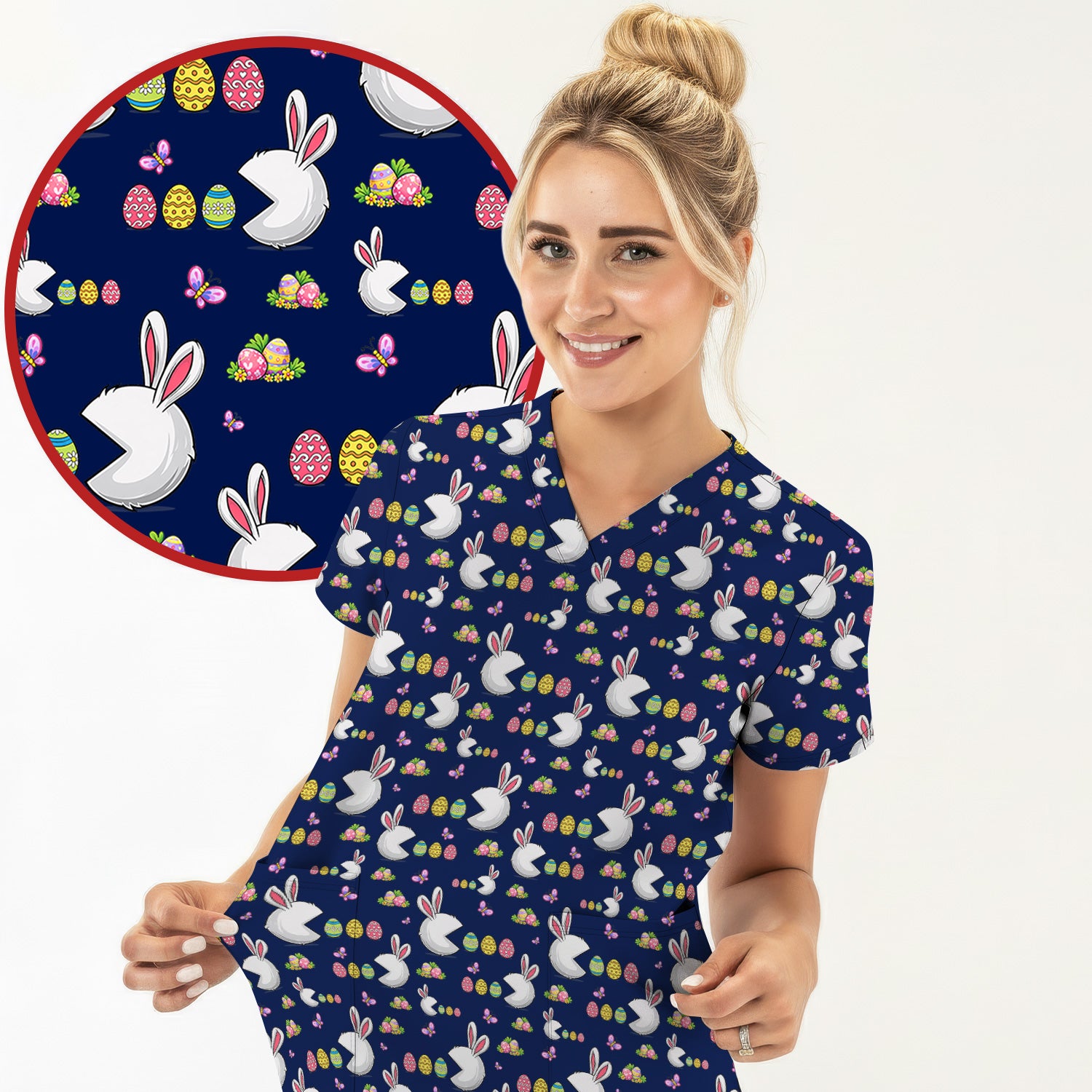 Easter Bunny and Colorful Eggs Print Scrub Top, Breathable Fabrics Nursing Uniform
