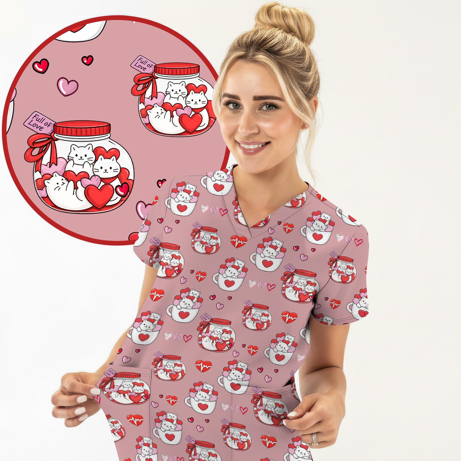 Cute Cat Valentine Nurse Scrub Top, Comfortable Scrubs for Nurses