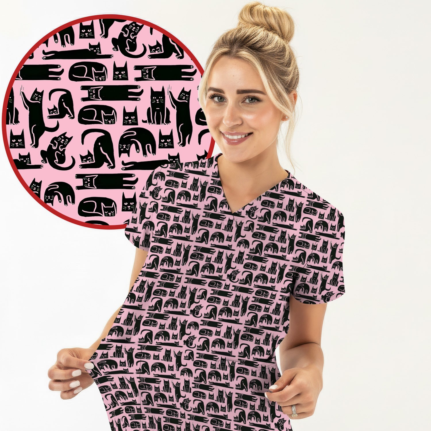 Cute Funny Cat Poses Print Scrub Top, Comfortable Scrubs for Nurses