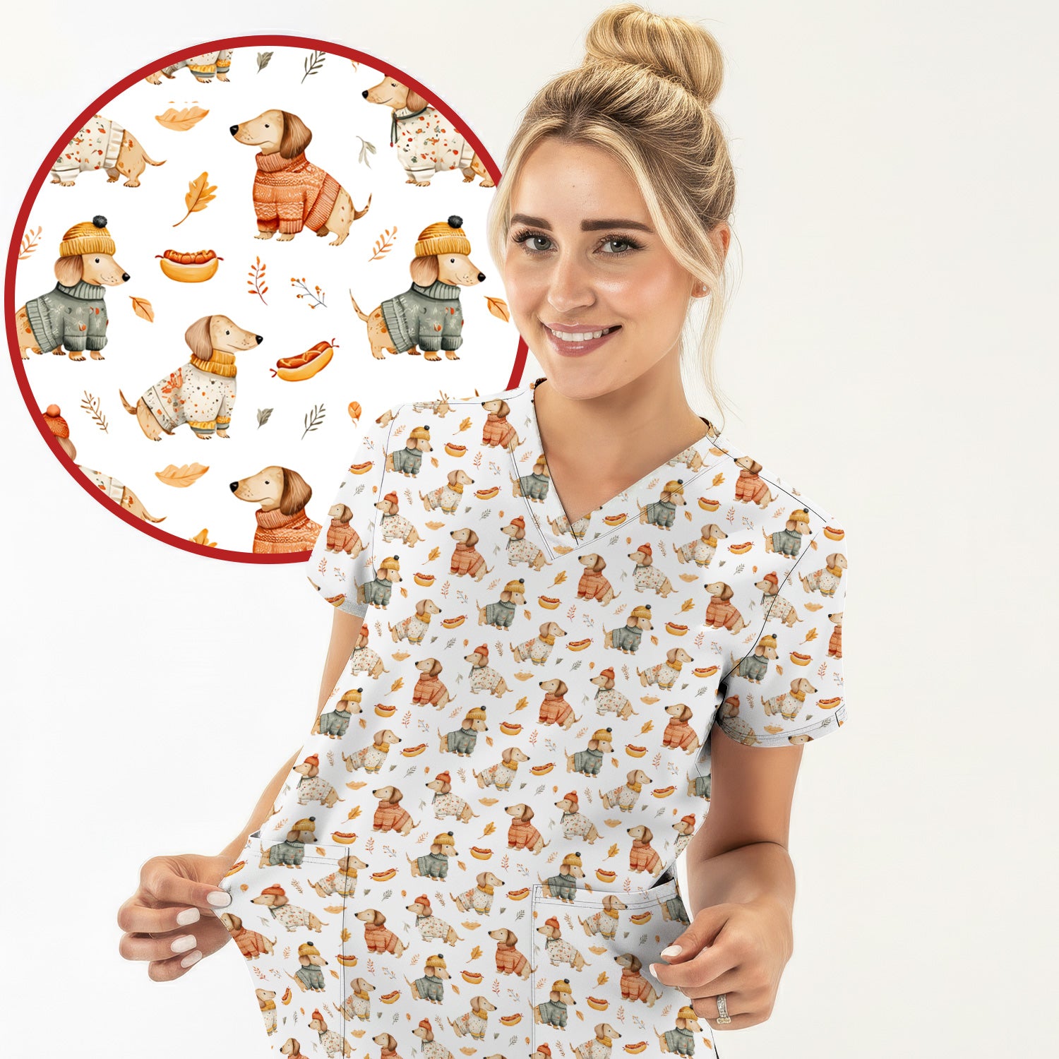 Autumn Dachshund Dog Sweater Print Scrub Top, Comfortable Scrubs for Nurses