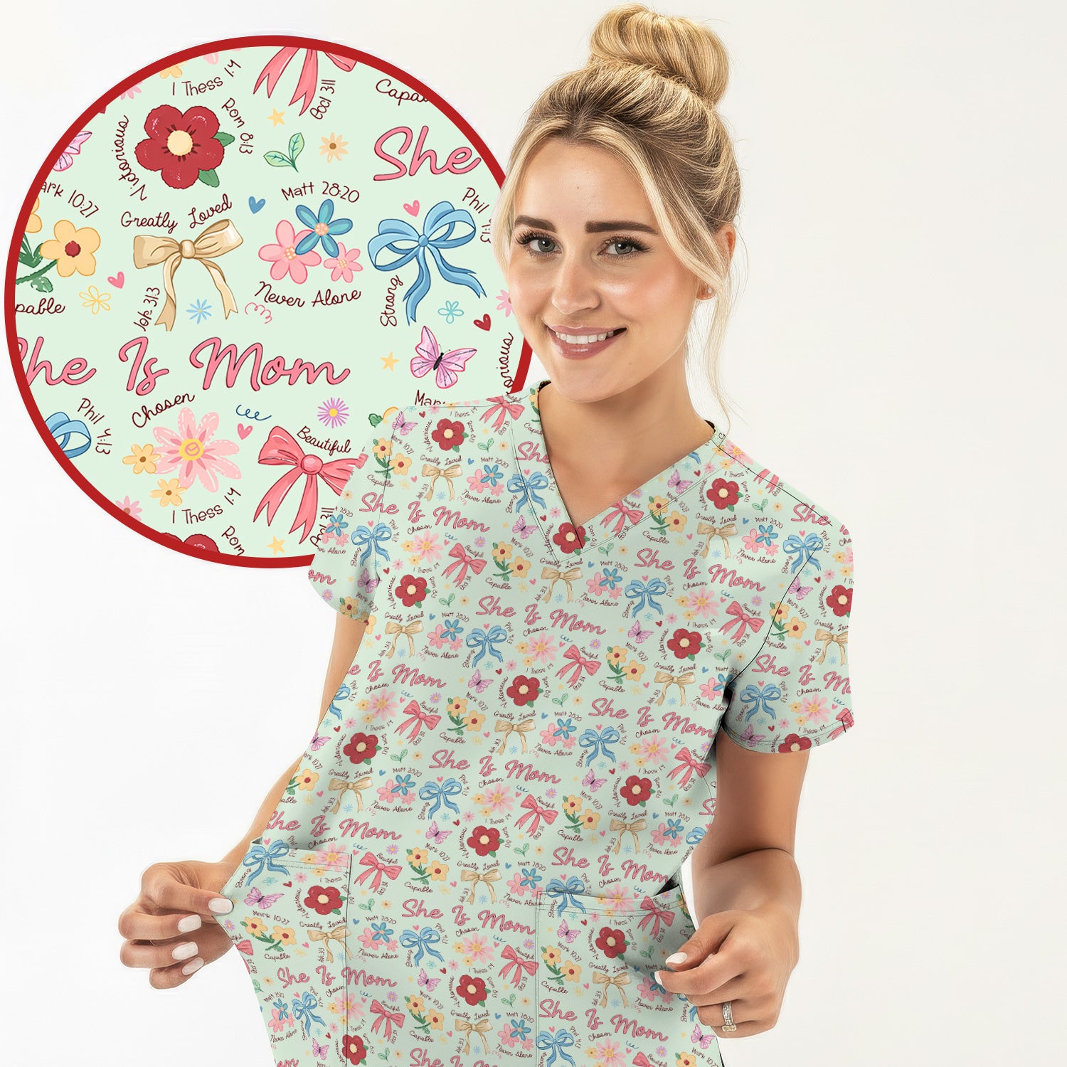 She Is Mom Floral Bow Pattern Scrub Top, Comfortable Scrubs for Nurses
