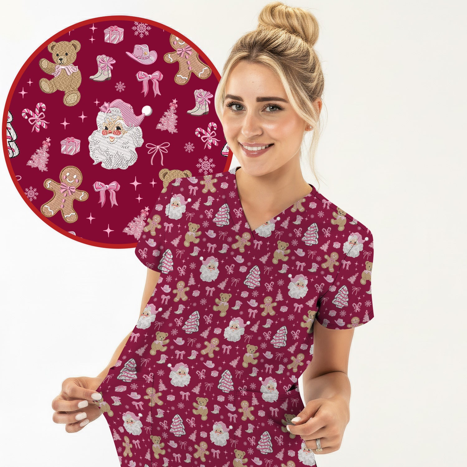 Pink Christmas Santa Gingerbread Scrub Top, Cute Holiday Medical Pattern Shirt, Breathable Fabrics Nursing Uniform