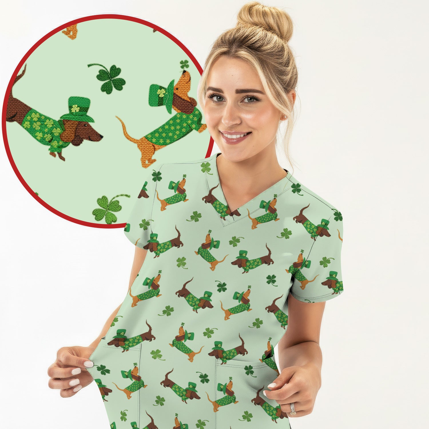 St. Patrick’s Day Dachshund Scrub Top, Funny Wiener Dog Nurse Shirt, Breathable Fabrics Nursing Uniform