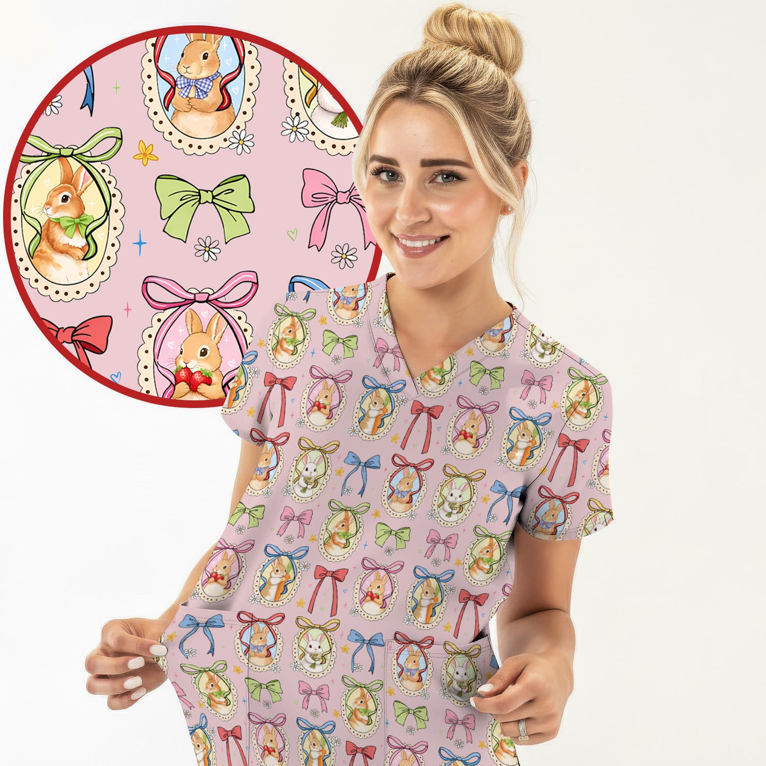 Cute Easter Bunny Cameo Colorful Bow Pattern Scrub Top, Breathable Fabrics Nursing Uniform