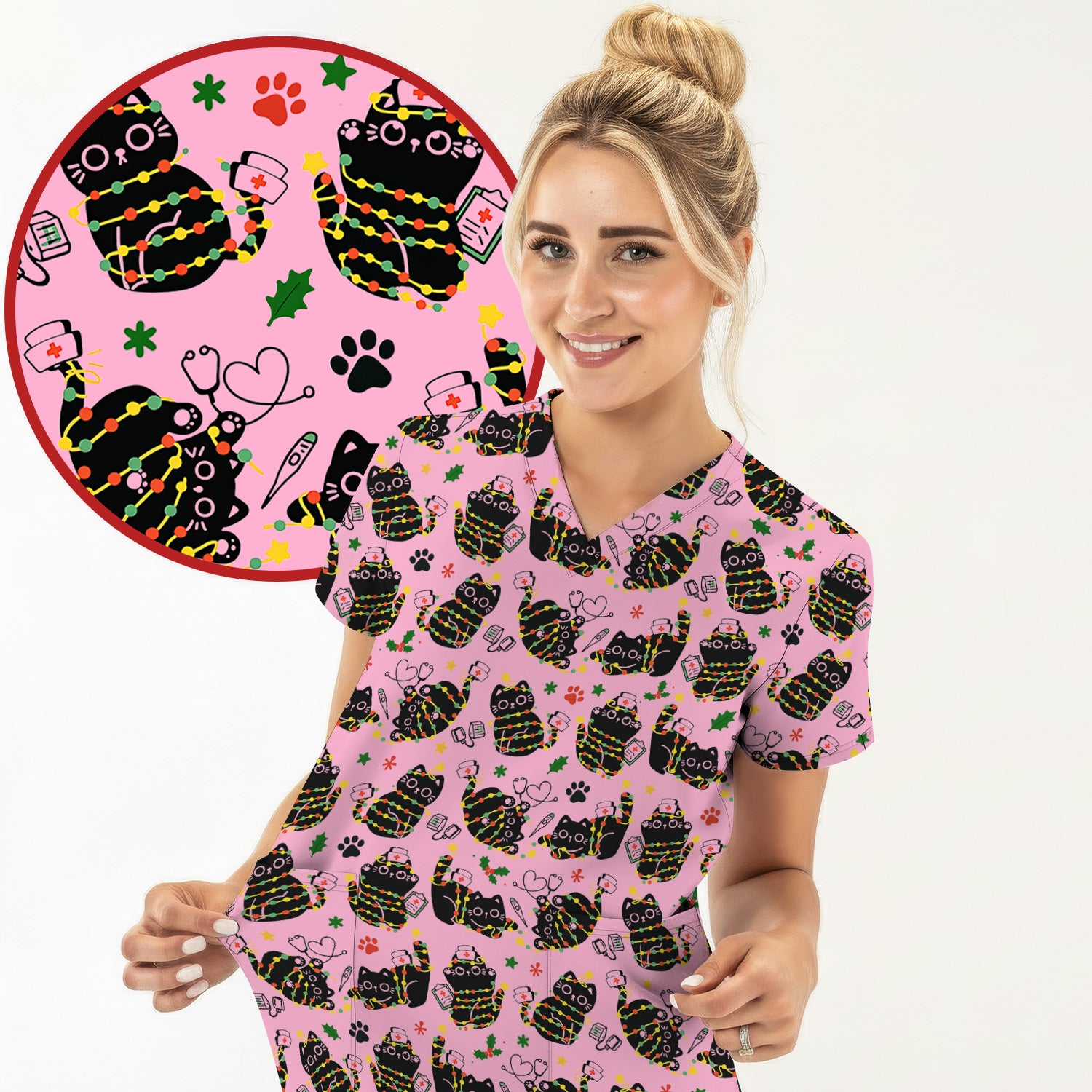Black Cat Christmas Scrub Top – Nurse & Holiday Lights Pattern Shirt – Cute Medical Uniform For Nursing