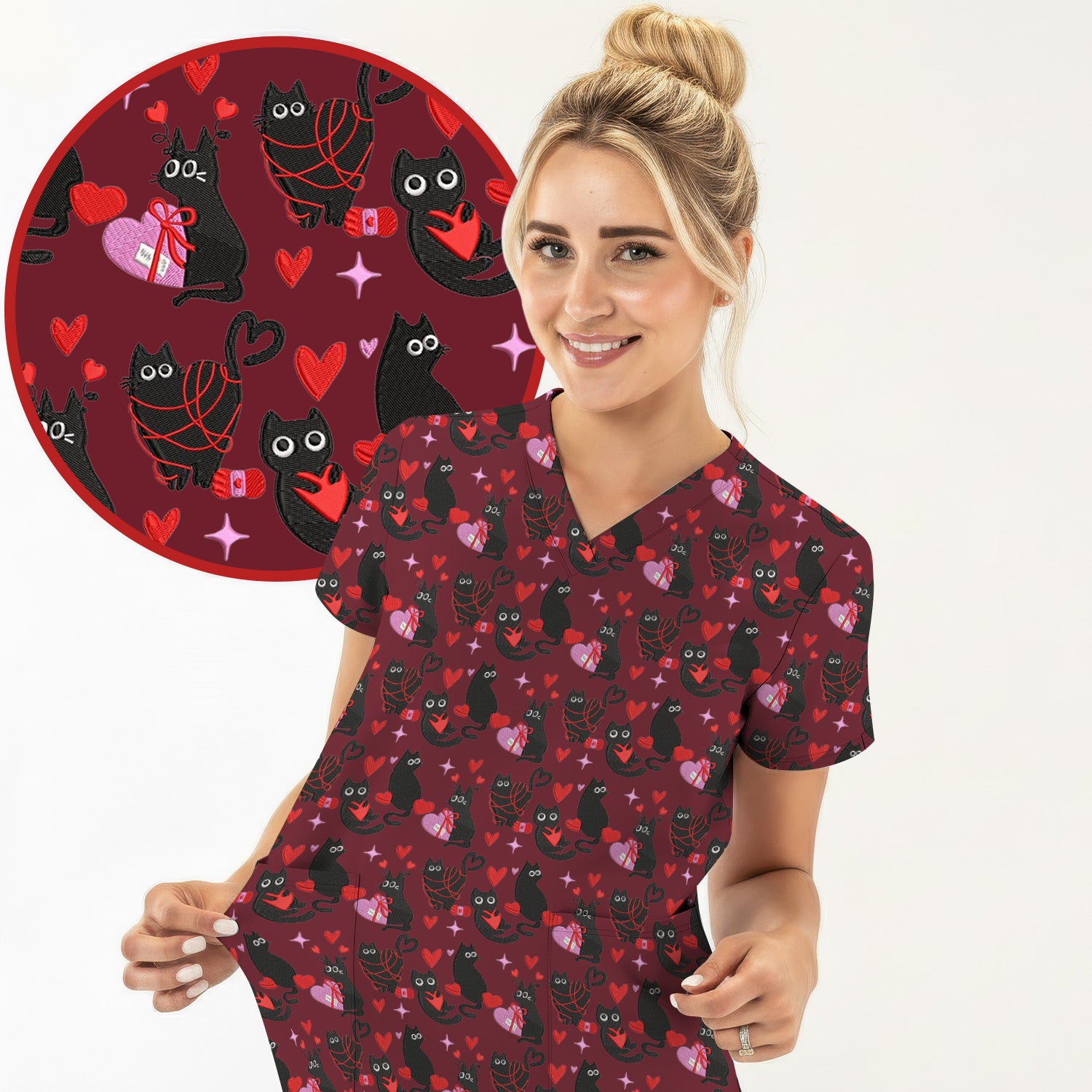 Valentine’s Day Scrub Top, Cute Black Cat With Heart Pattern Nurse Shirt, Breathable Fabrics Nursing Uniform