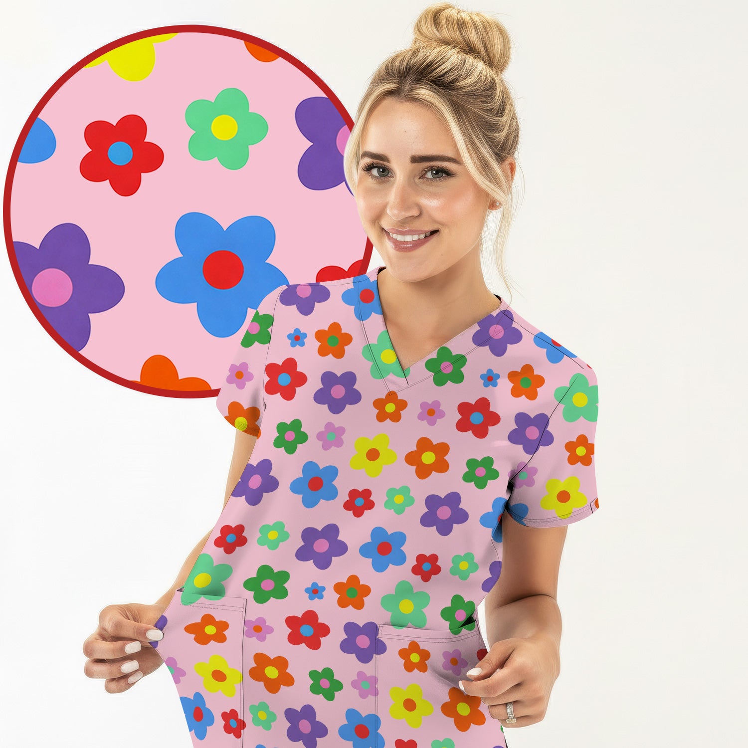 Colorful Retro Flower Pattern Print Scrub Top, Breathable Fabrics Nursing Uniform