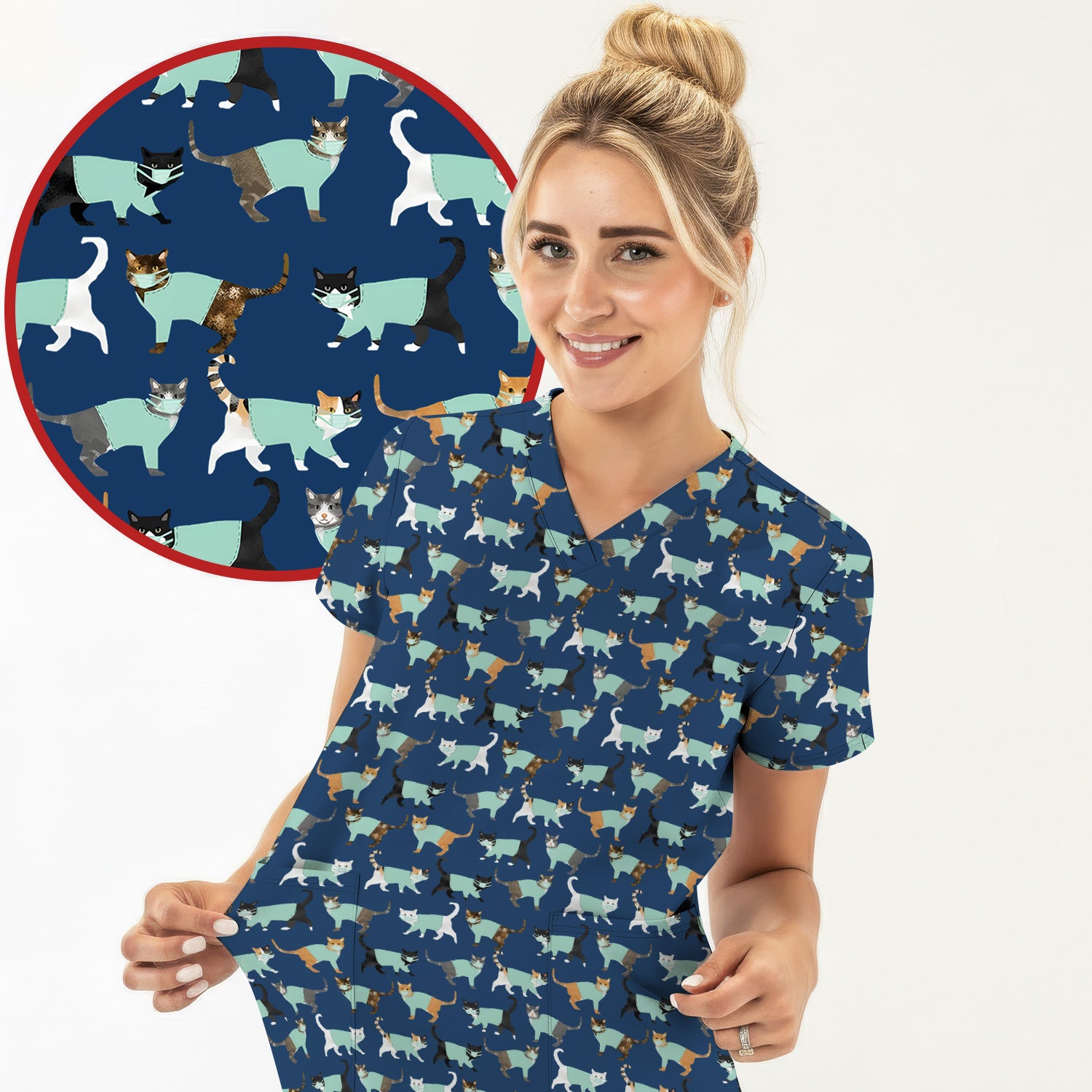 Playful Cat Nurse All Over Print Scrub Set, Scrub Pants and V Neck Top