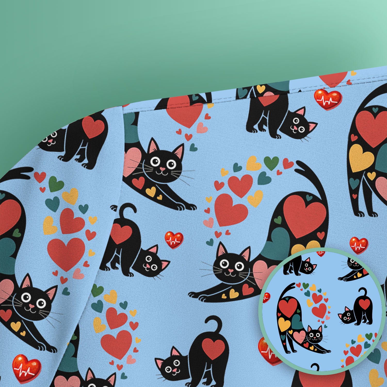 Playful Cat Valentine Heart Print Nurse Scrub Top, Comfortable Scrubs for Nurses