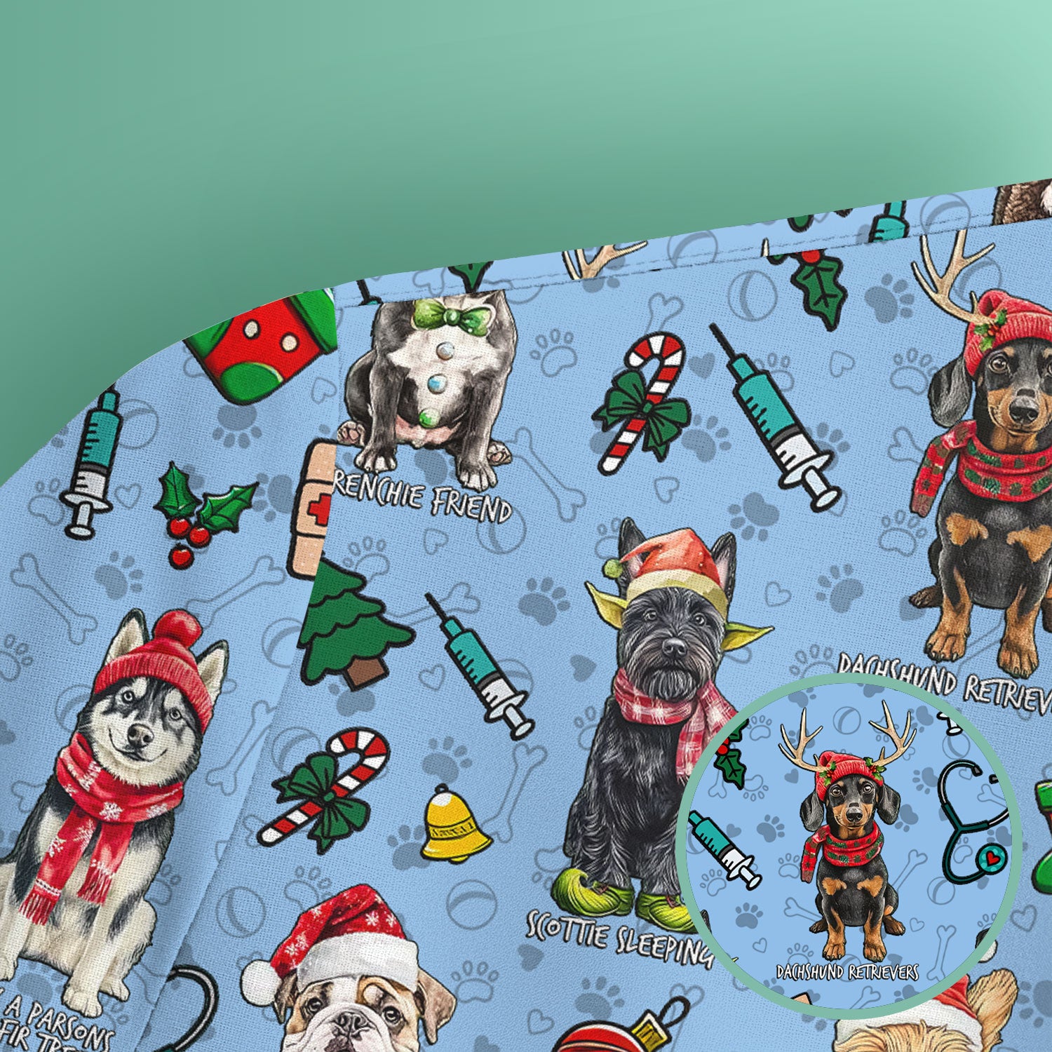 Christmas Dog Scrubs for Nurses – Dachshund, Husky, Poodle, Corgi & Labrador Holiday Scrub Top – Funny Santa Pattern Medical Shirt