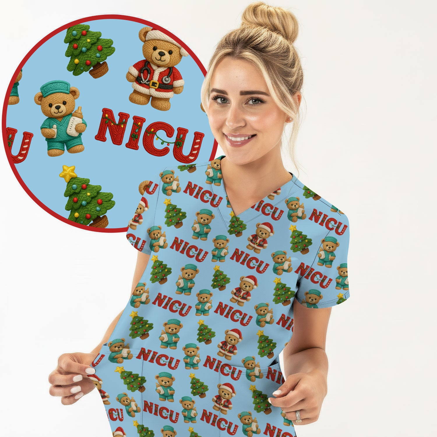 Festive Christmas NICU Nurse Teddy Bear Pattern, Breathable Fabrics Nursing Uniform