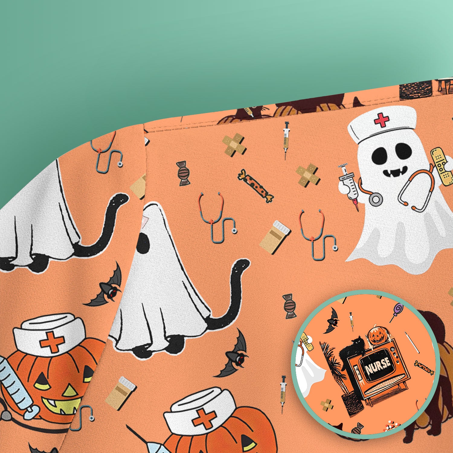 Halloween Scrub Top for Nurse - Cute Pumpkin Ghost Cat Medical Shirt - Spooky Scrubs for Women RN CNA LPN