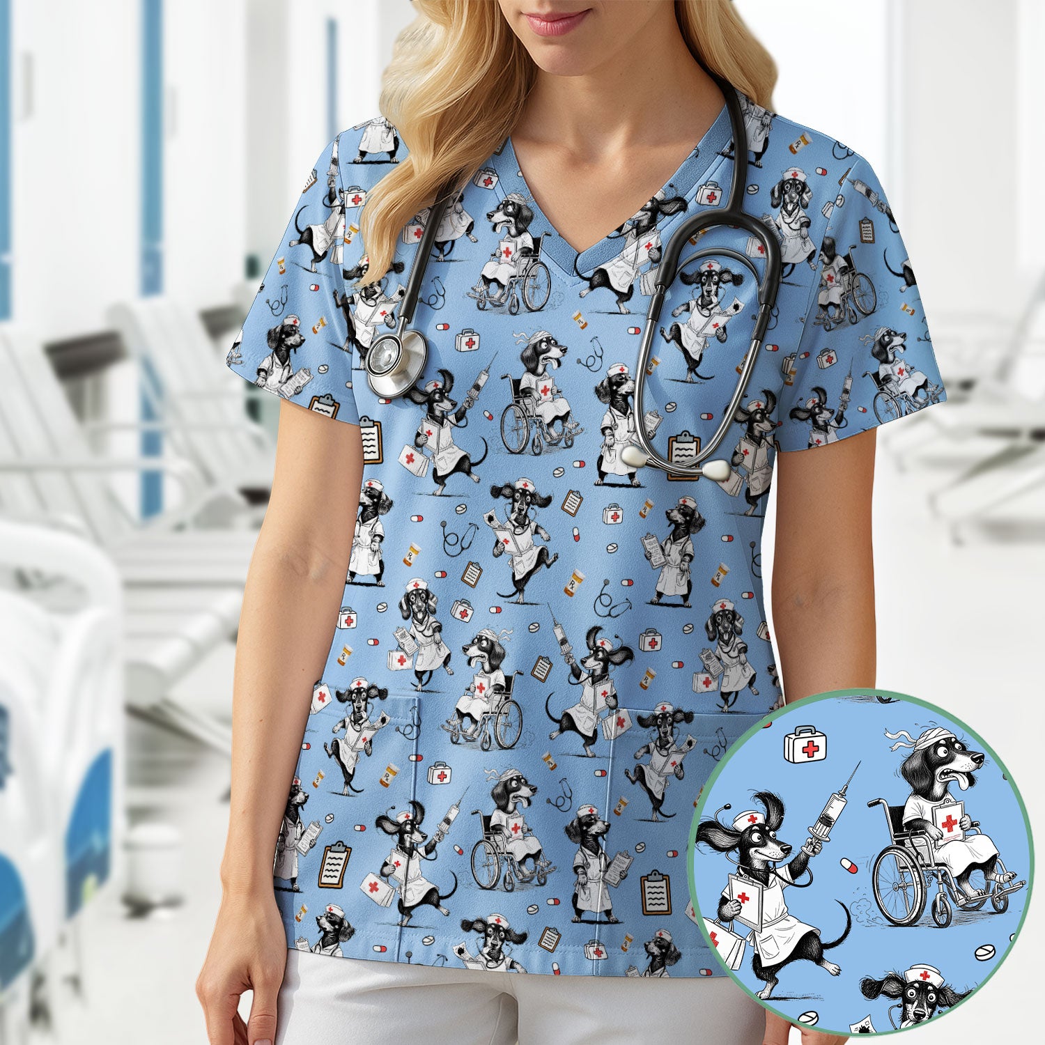 Custom Nurse Scrubs for Women - Funny Dog Print Medical Top - Multi Color Personalized Nursing Shirt for Healthcare Workers