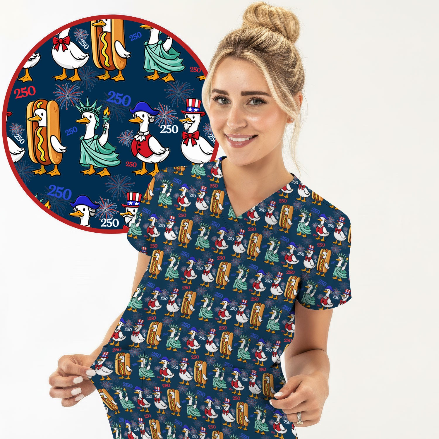 Patriotic Duck Independence Day Pattern Scrub Top, Breathable Healthcare Uniform Top