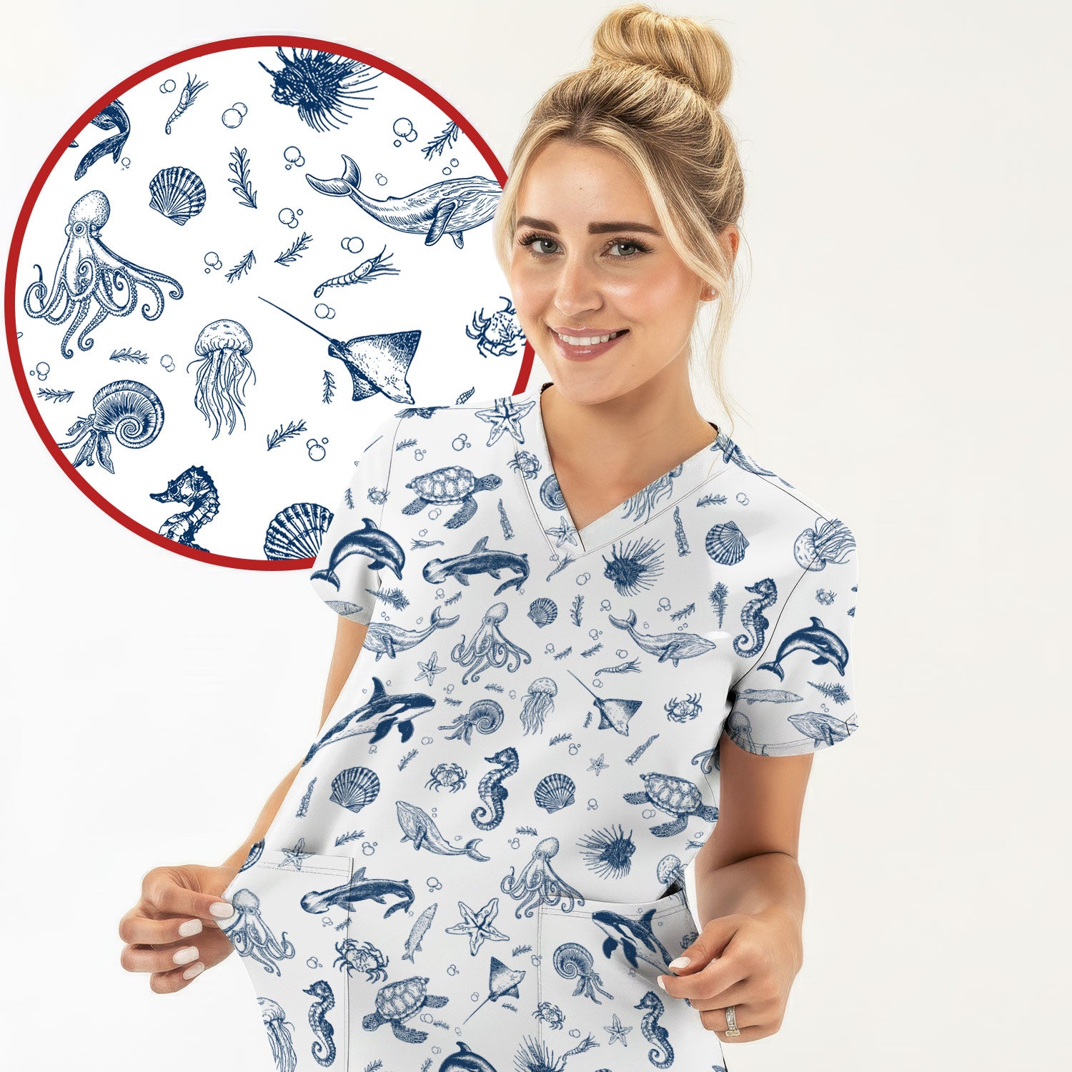 Marine Sea Life Pattern Scrub Top, Breathable Fabrics Nursing Uniform