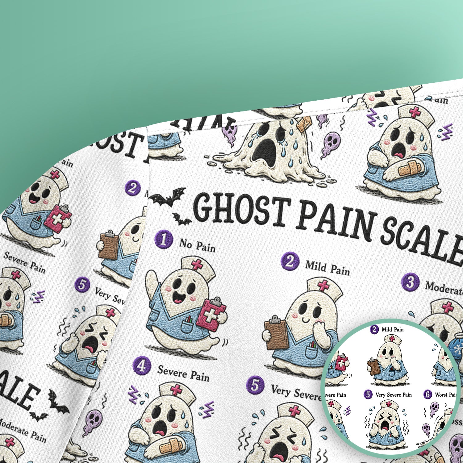 Funny Ghost Pain Scale Pattern Scrub Top, Comfortable Scrubs for Nurses