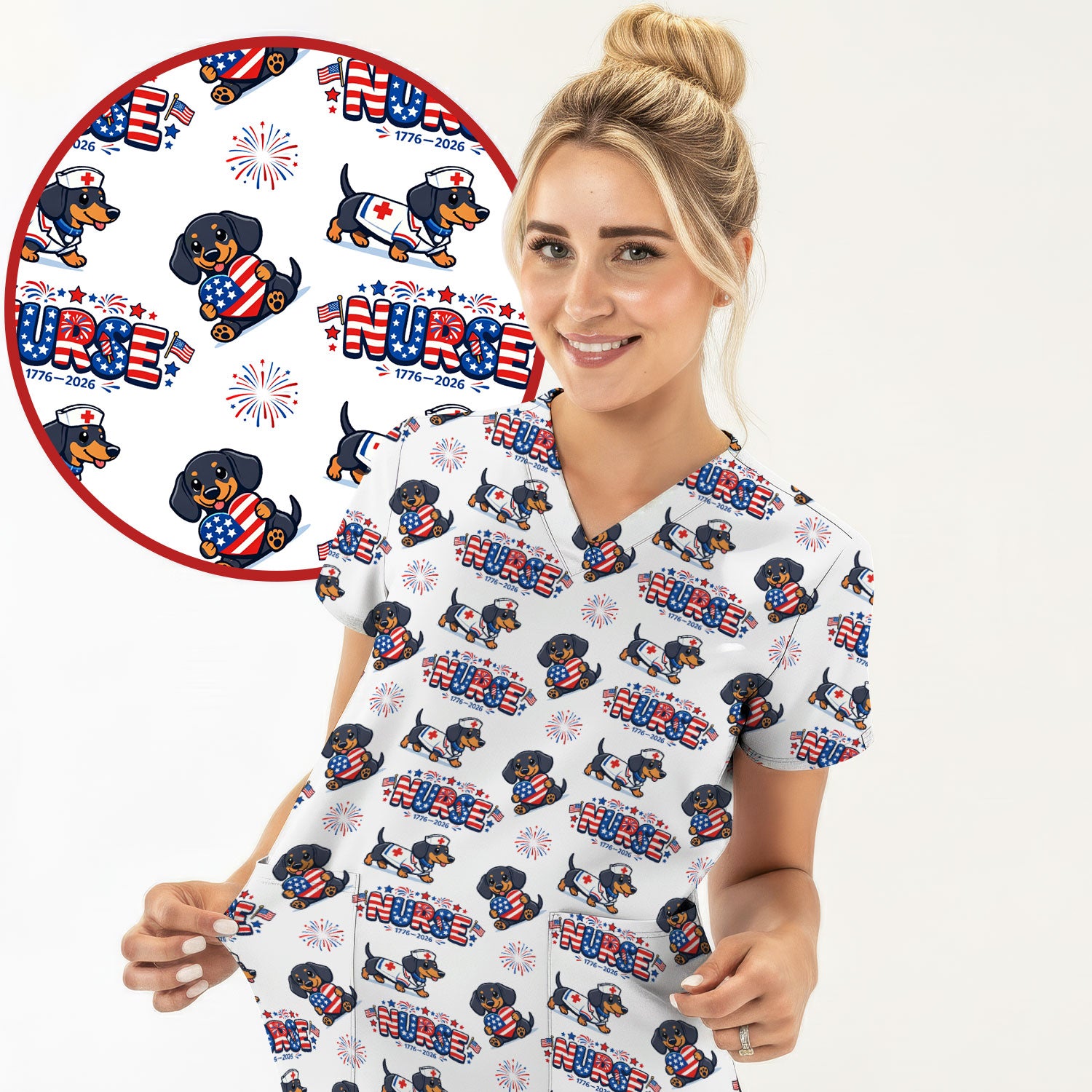 Proud Nurse Patriotic Dachshund Medical Firework Pattern Scrub Top, Comfortable Scrubs for Nurses