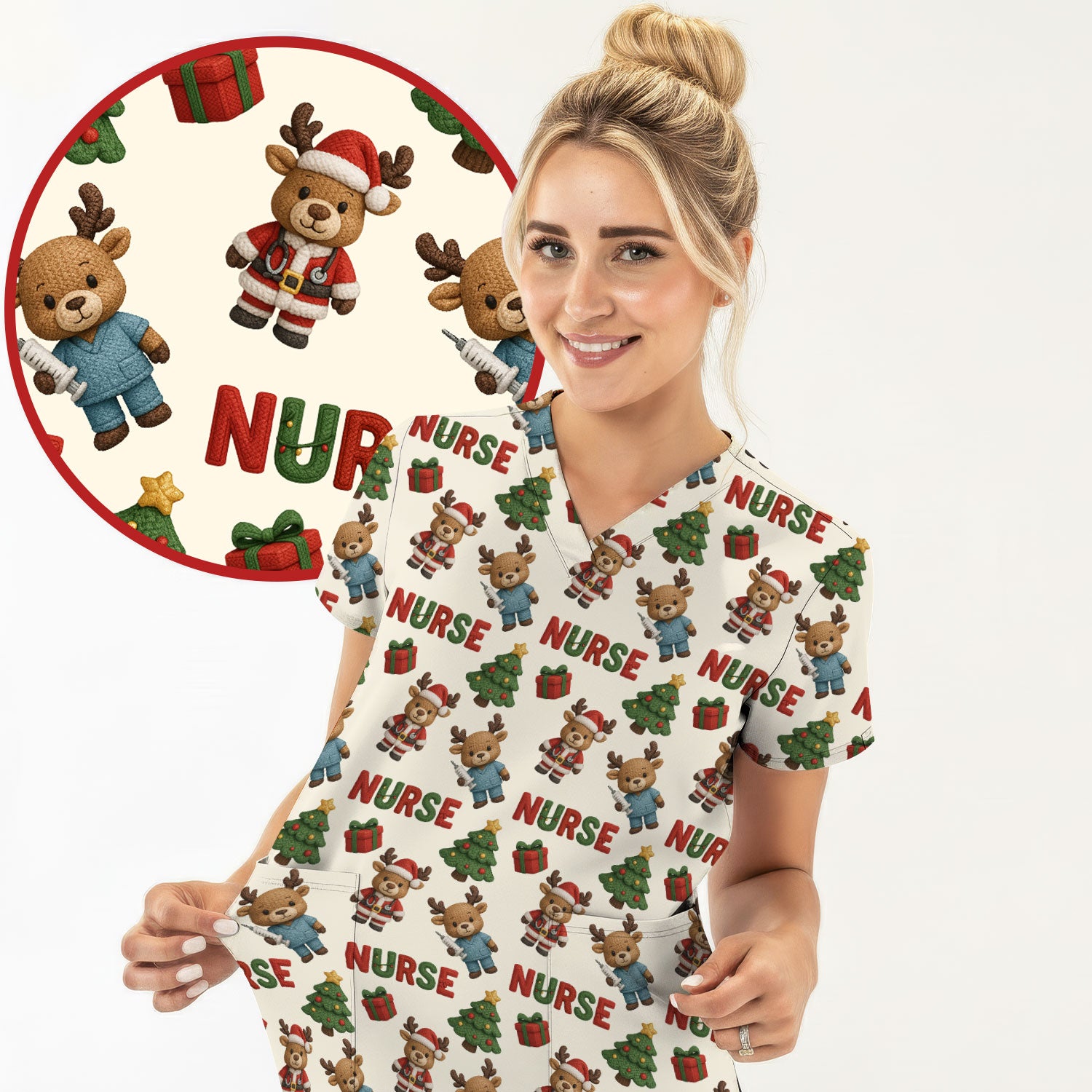 Reindeer Christmas Scrub Top, Cute Holiday Nurse Scrub Shirt, Festive Pattern Nursing Uniform