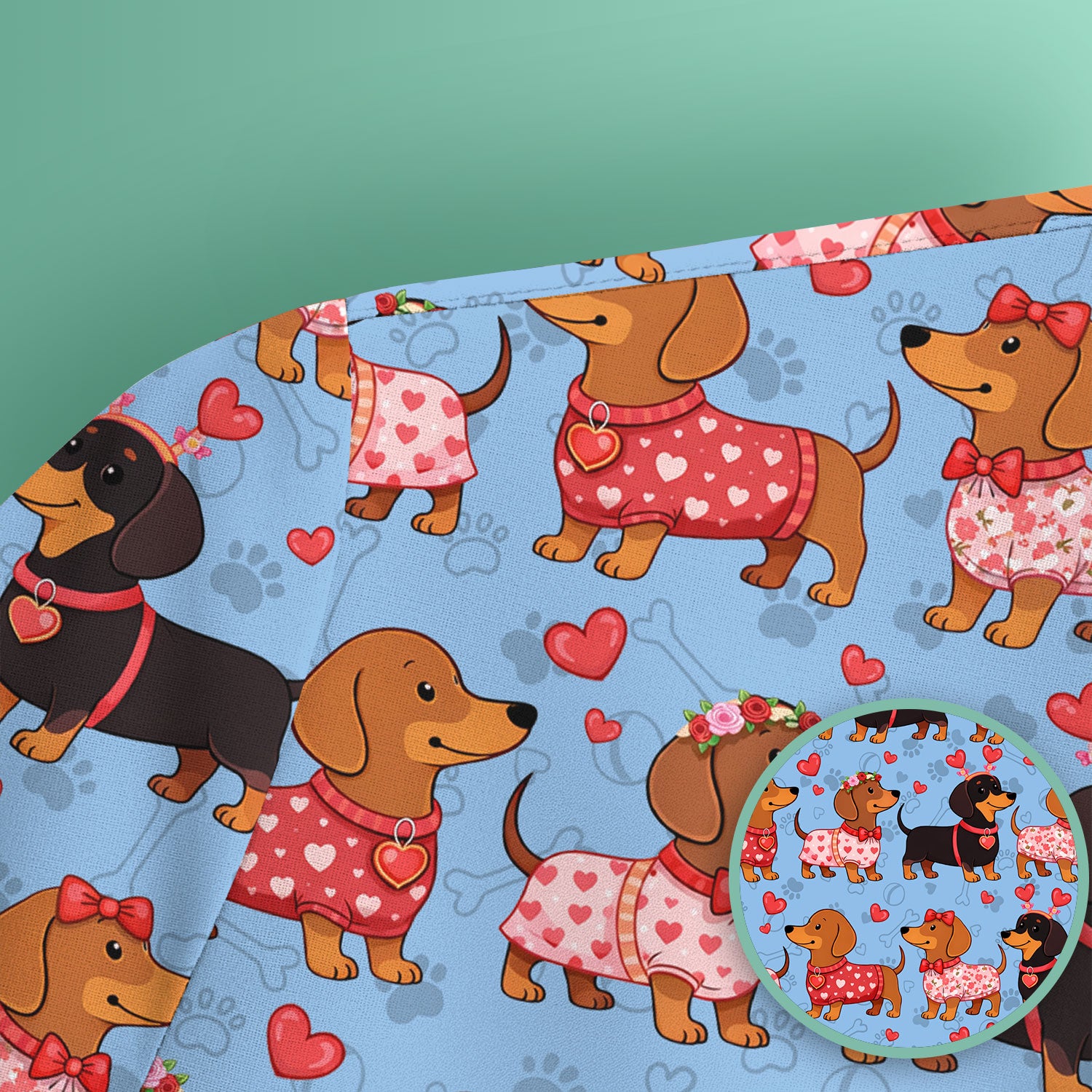Valentine Dachshund Scrub Top, Wiener Dog Love Pattern Nurse Shirt, Breathable Fabrics Nursing Uniform