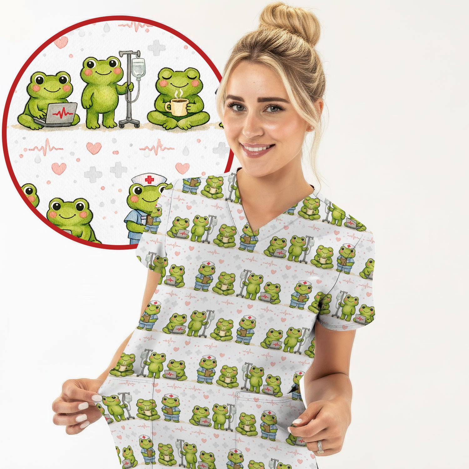 Adorable Frog Nurse Various Poses Print Scrub Top, Comfortable Scrubs for Nurses