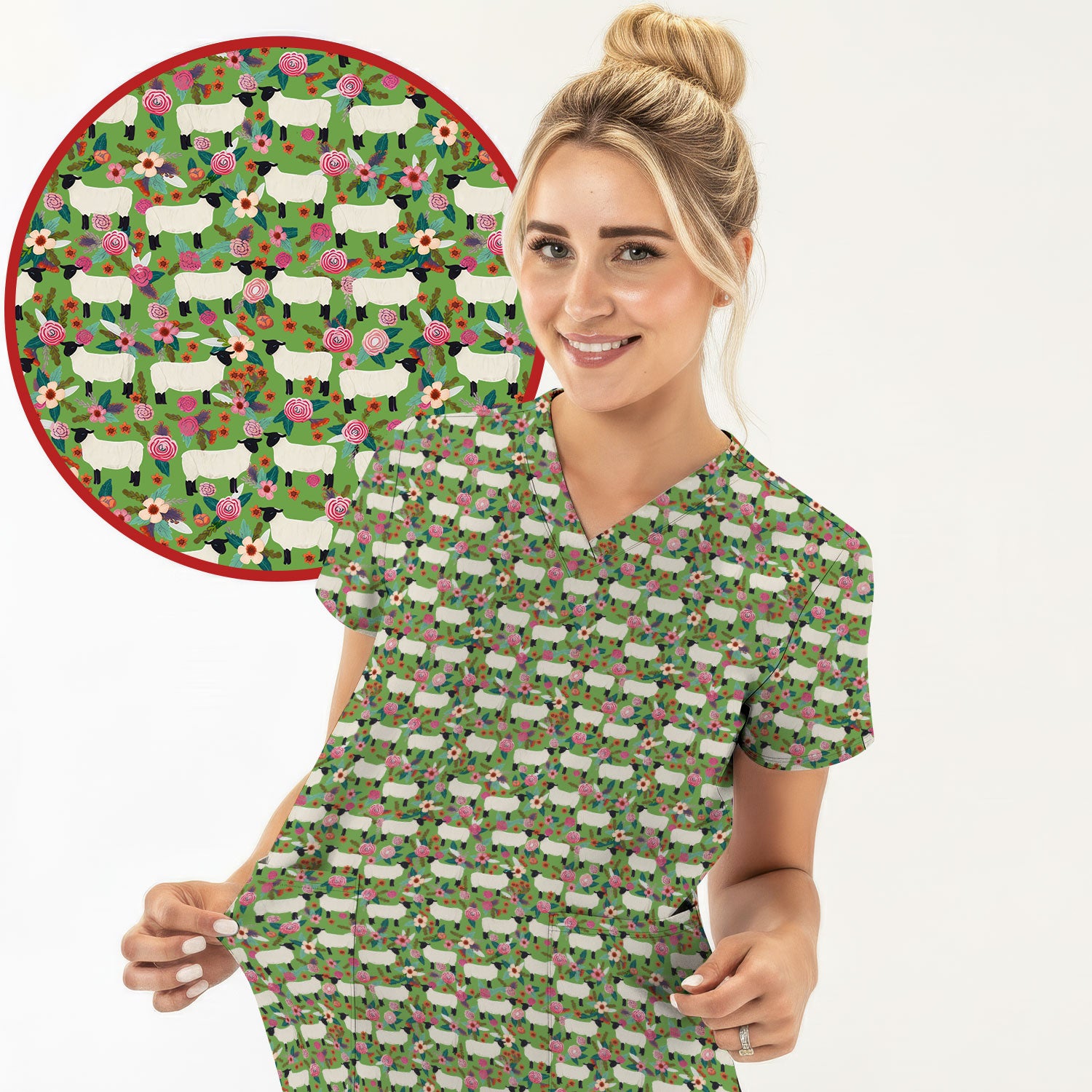 Cute Sheep Floral Meadow Pattern Scrub Top, Comfortable Scrubs For Nurses