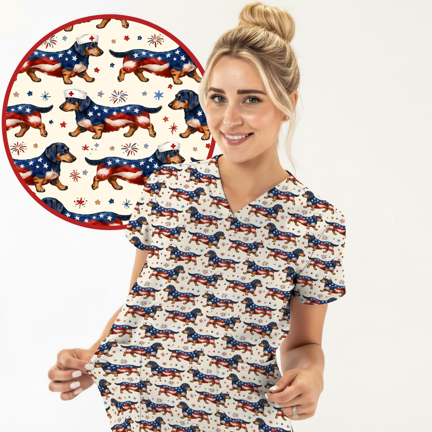Patriotic Dachshund Dog American Flag Pattern Nurse Scrub Top, Breathable Fabrics Nursing Uniform