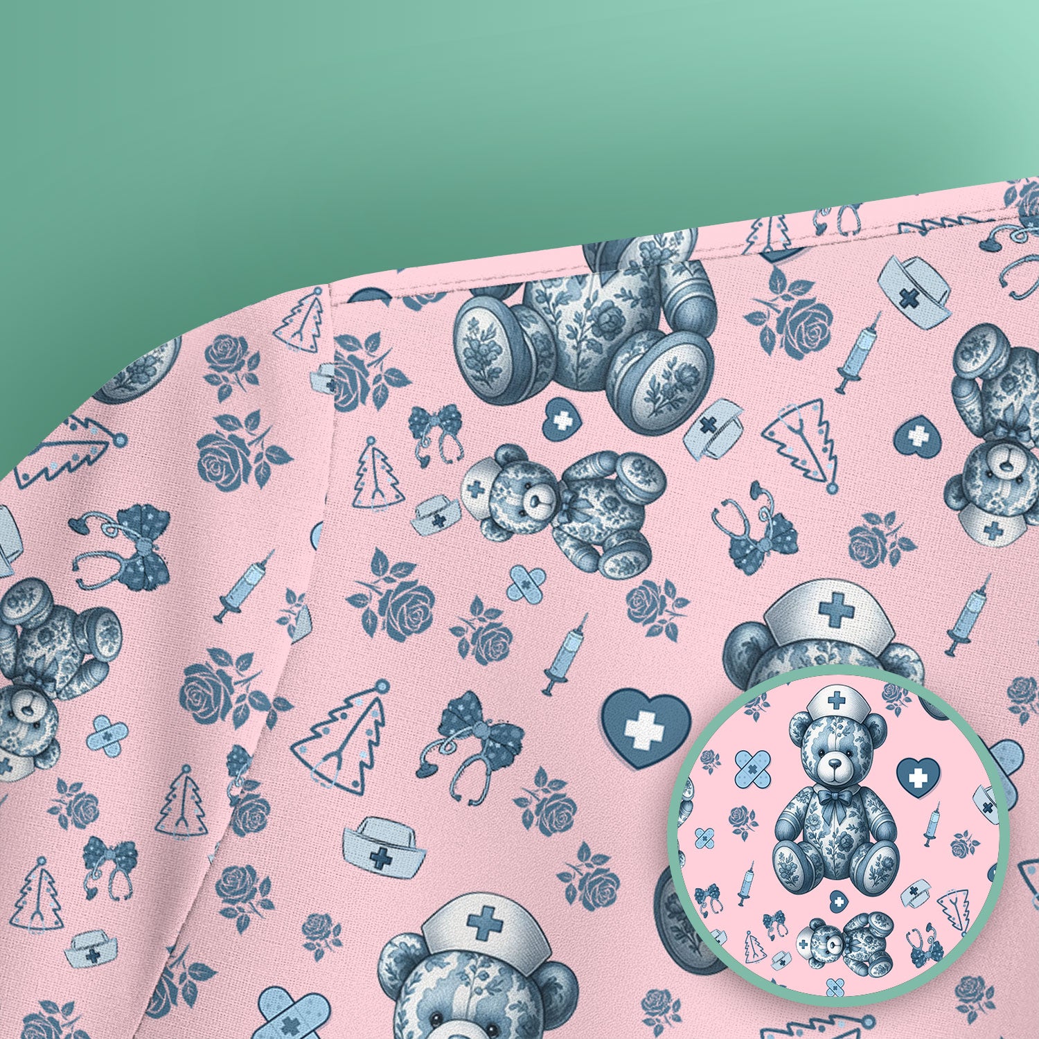 Toile Teddy Bear Nurse Scrub Top - Elegant Blue Toile de Jouy Pattern Medical Shirt for Women - Cute Vintage Nursing Uniform Gift
