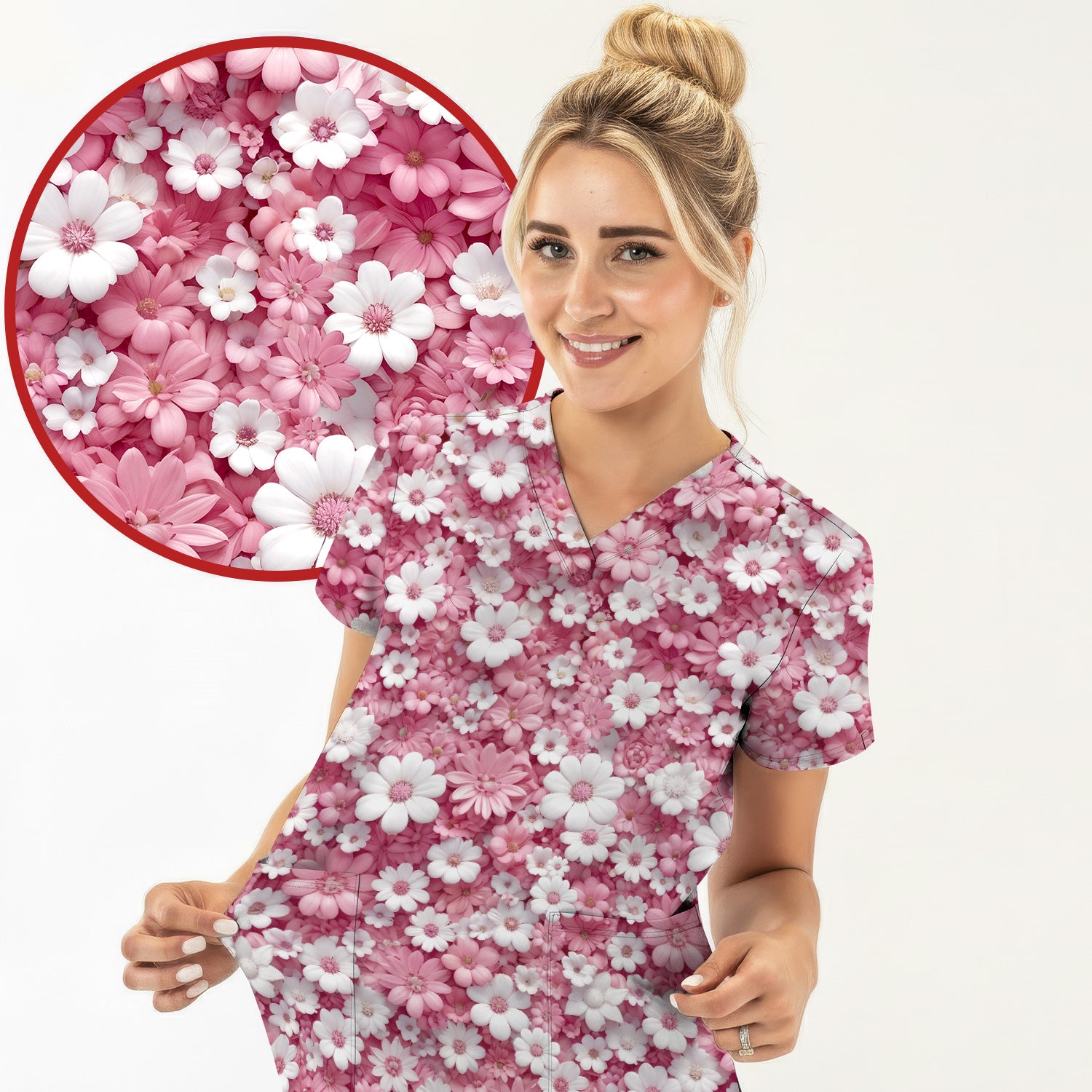 Cute Daisy Flower Bloom Pattern Scrub Top, Breathable Fabrics Nursing Uniform