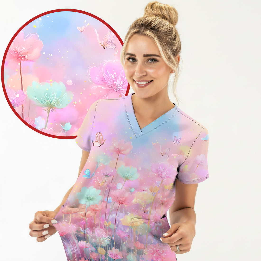 Dreamy Pastel Watercolor Floral Garden Scrub Top, Breathable Fabrics Nursing Uniform