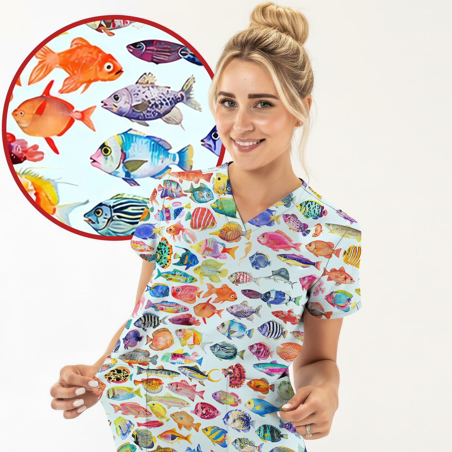 Colorful Tropical Fish Print Scrub Top, Comfortable Scrubs for Nurses